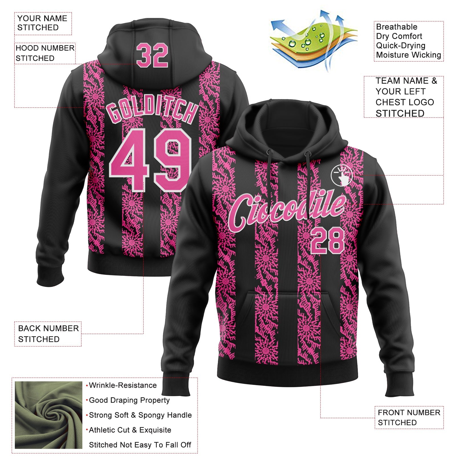 Custom Stitched Black Pink-White Abstract Shape Pattern Sports Pullover Sweatshirt Hoodie