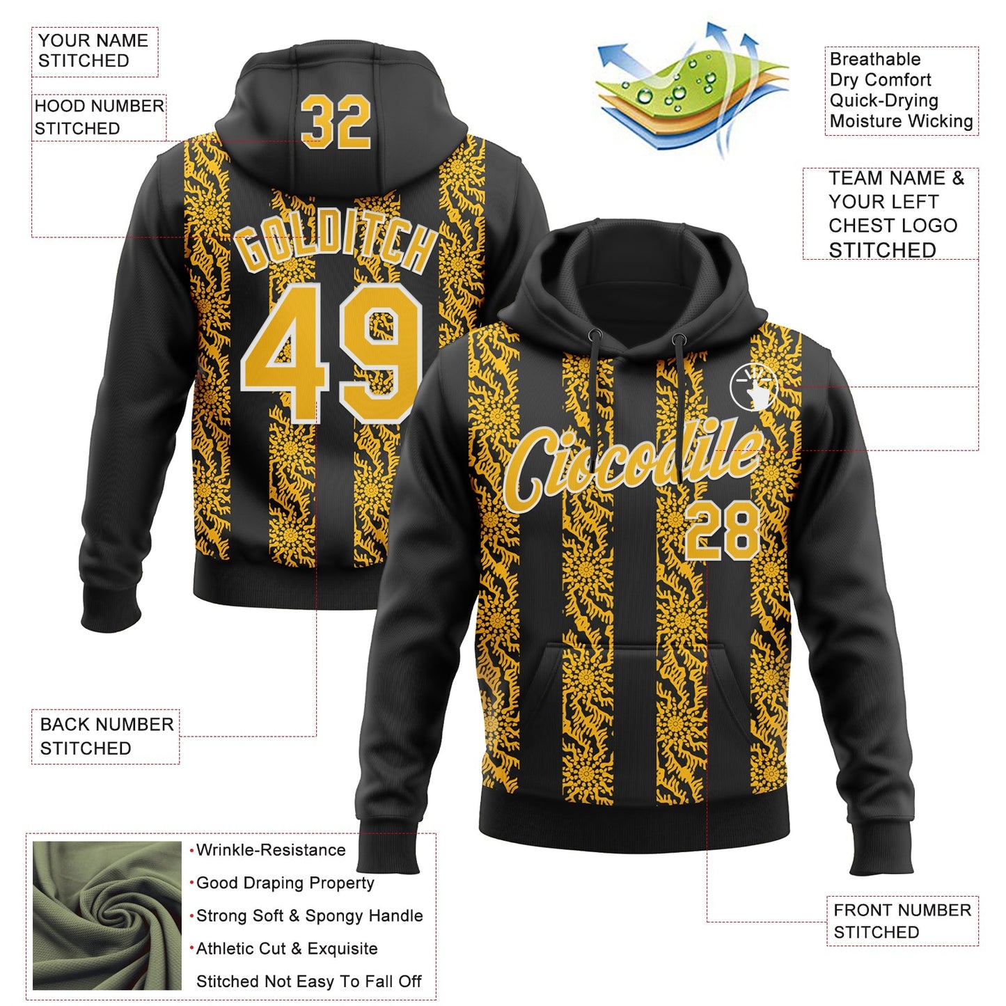 Custom Stitched Black Gold-White Abstract Shape Pattern Sports Pullover Sweatshirt Hoodie