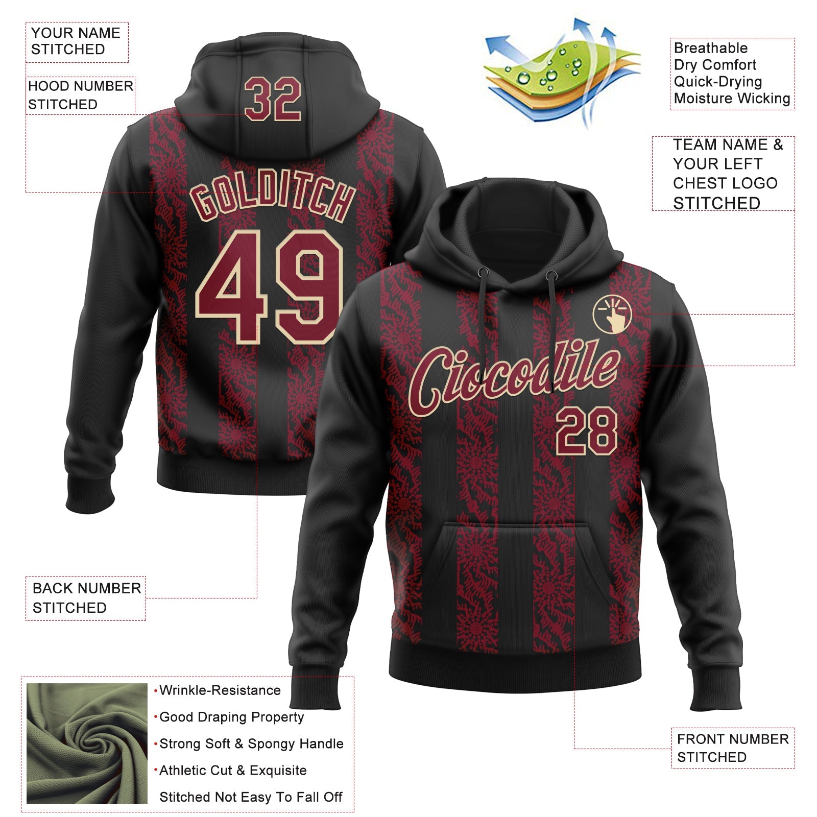 Custom Stitched Black Crimson-Cream Abstract Shape Pattern Sports Pullover Sweatshirt Hoodie