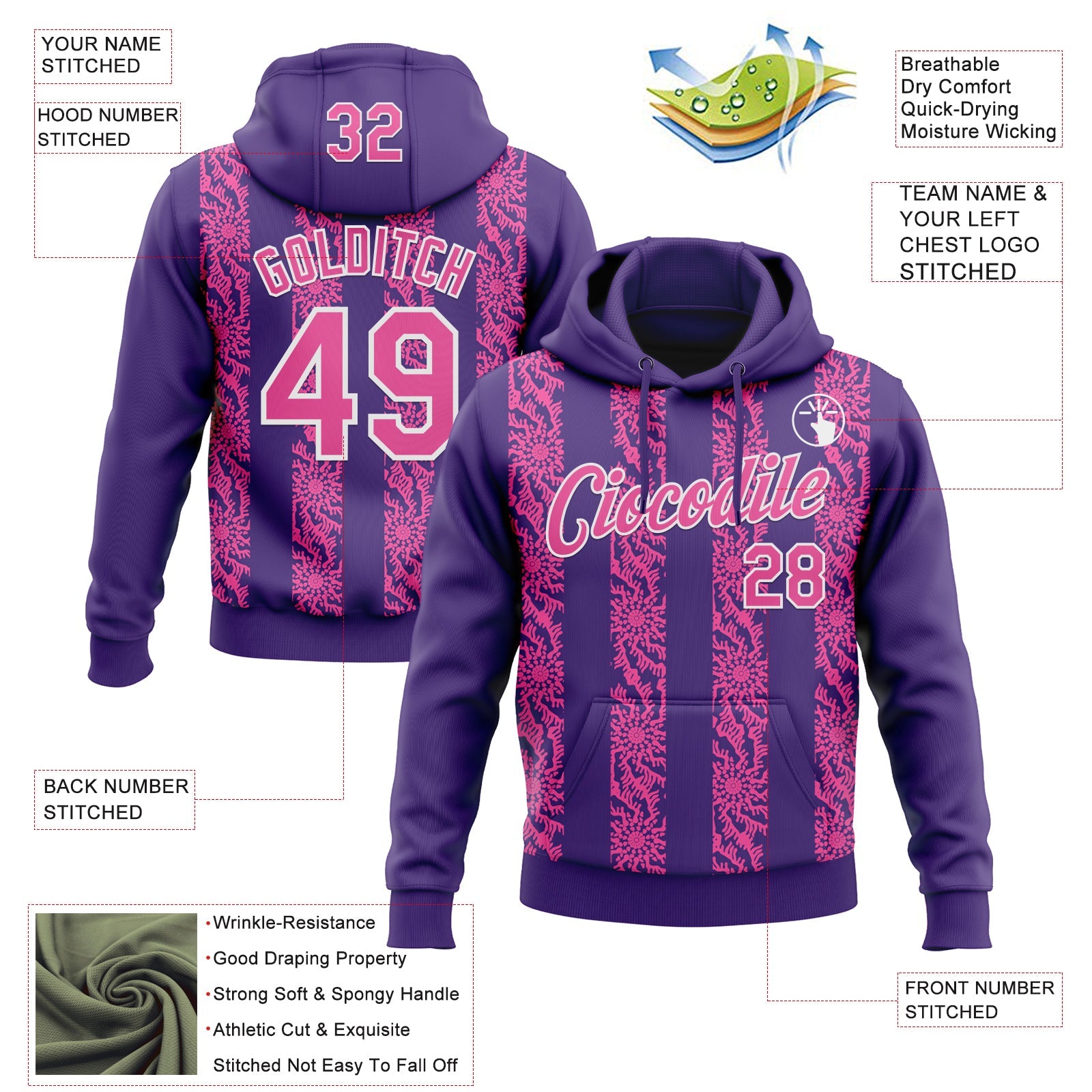 Custom Stitched Purple Pink-White Abstract Shape Pattern Sports Pullover Sweatshirt Hoodie