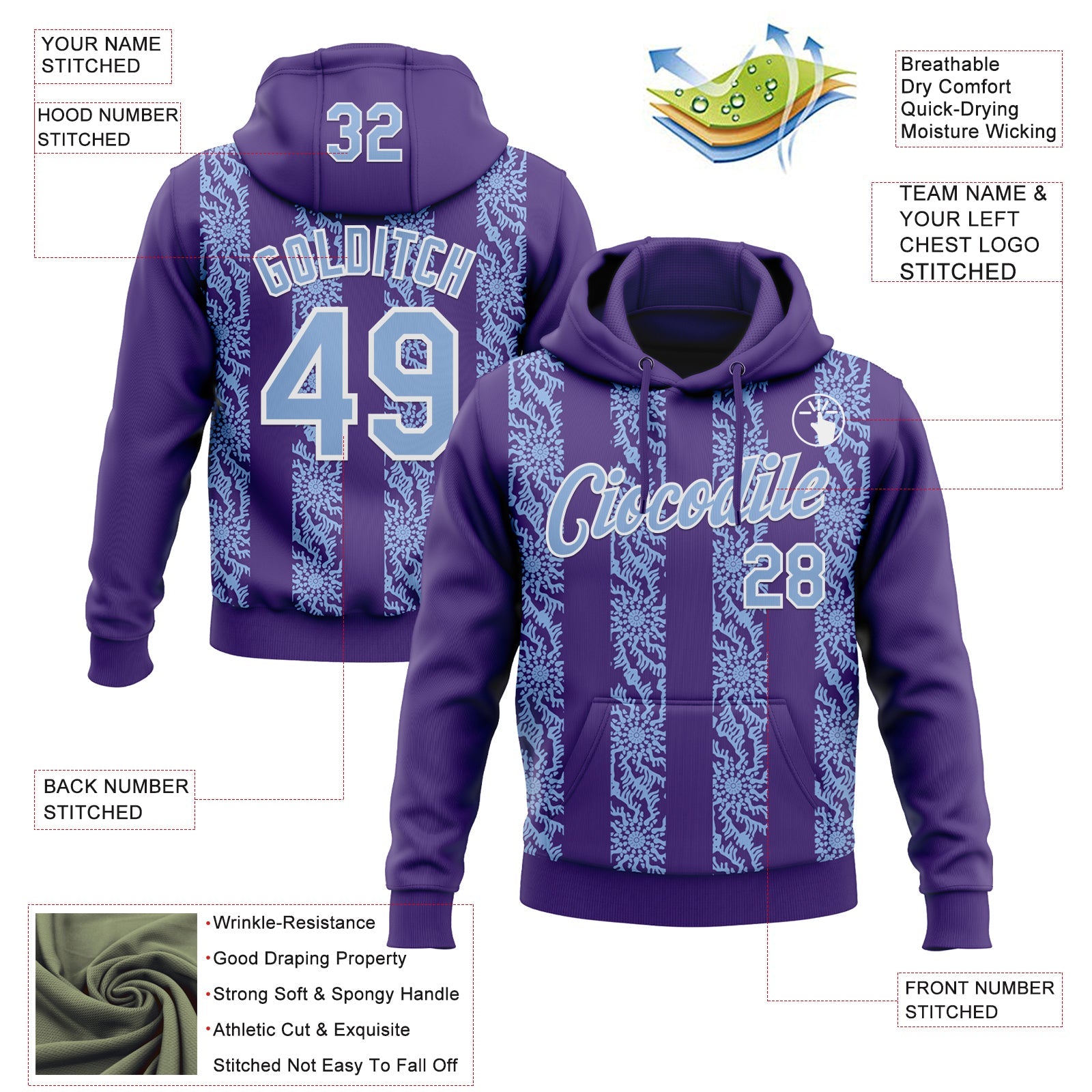 Custom Stitched Purple Light Blue-White Abstract Shape Pattern Sports Pullover Sweatshirt Hoodie