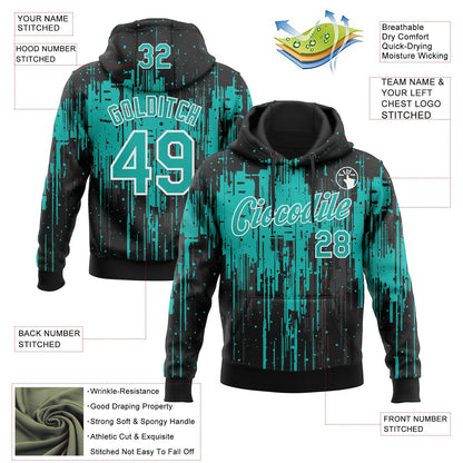 Custom Stitched Black Aqua-White Dripping Splatter Sports Pullover Sweatshirt Hoodie