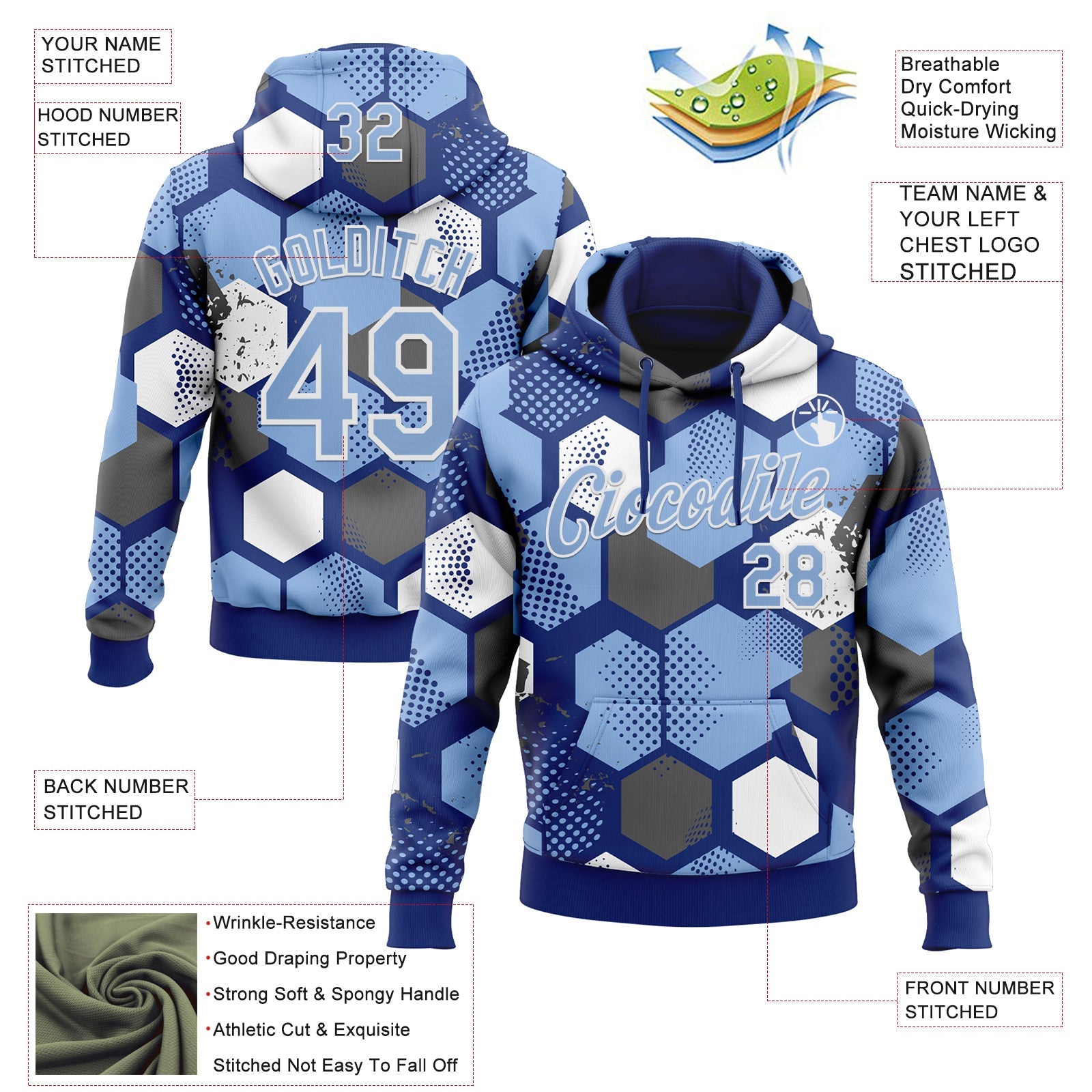 Custom Stitched Royal Light Blue-White Geometric Shape Pattern Sports Pullover Sweatshirt Hoodie