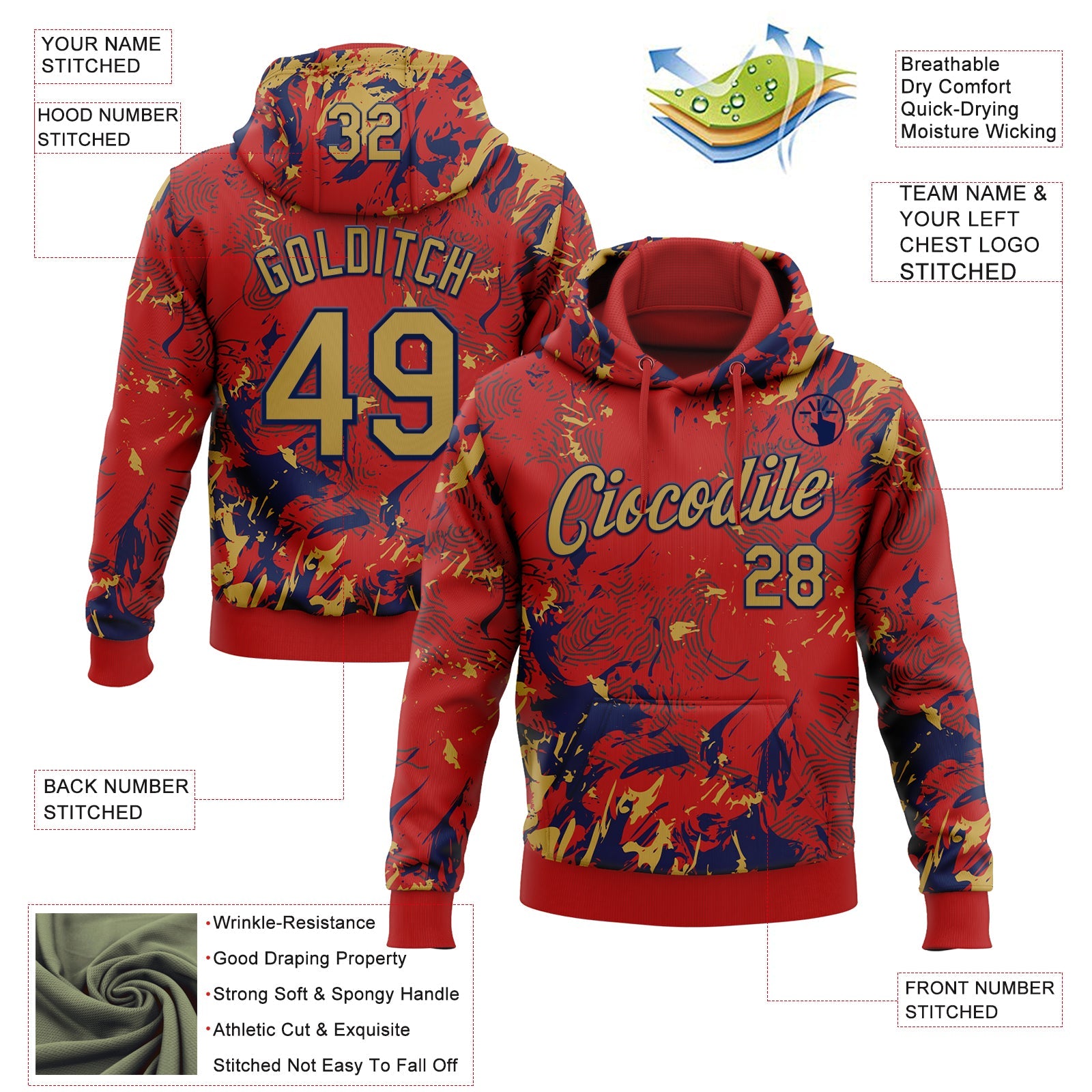 Custom Stitched Red Old Gold-Navy Splash Sports Pullover Sweatshirt Hoodie