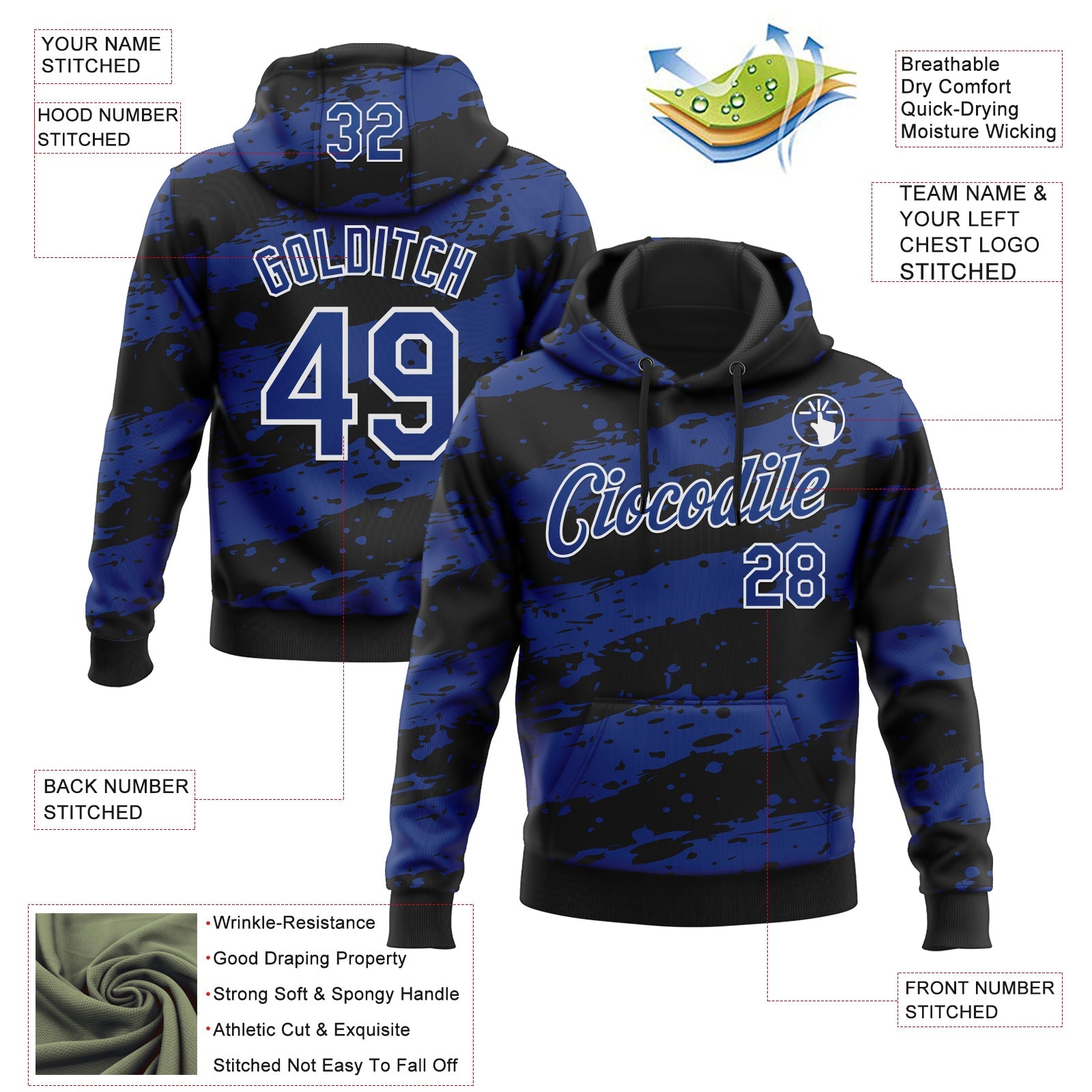 Custom Stitched Black Royal-White Splash Torn Paper Style Sports Pullover Sweatshirt Hoodie