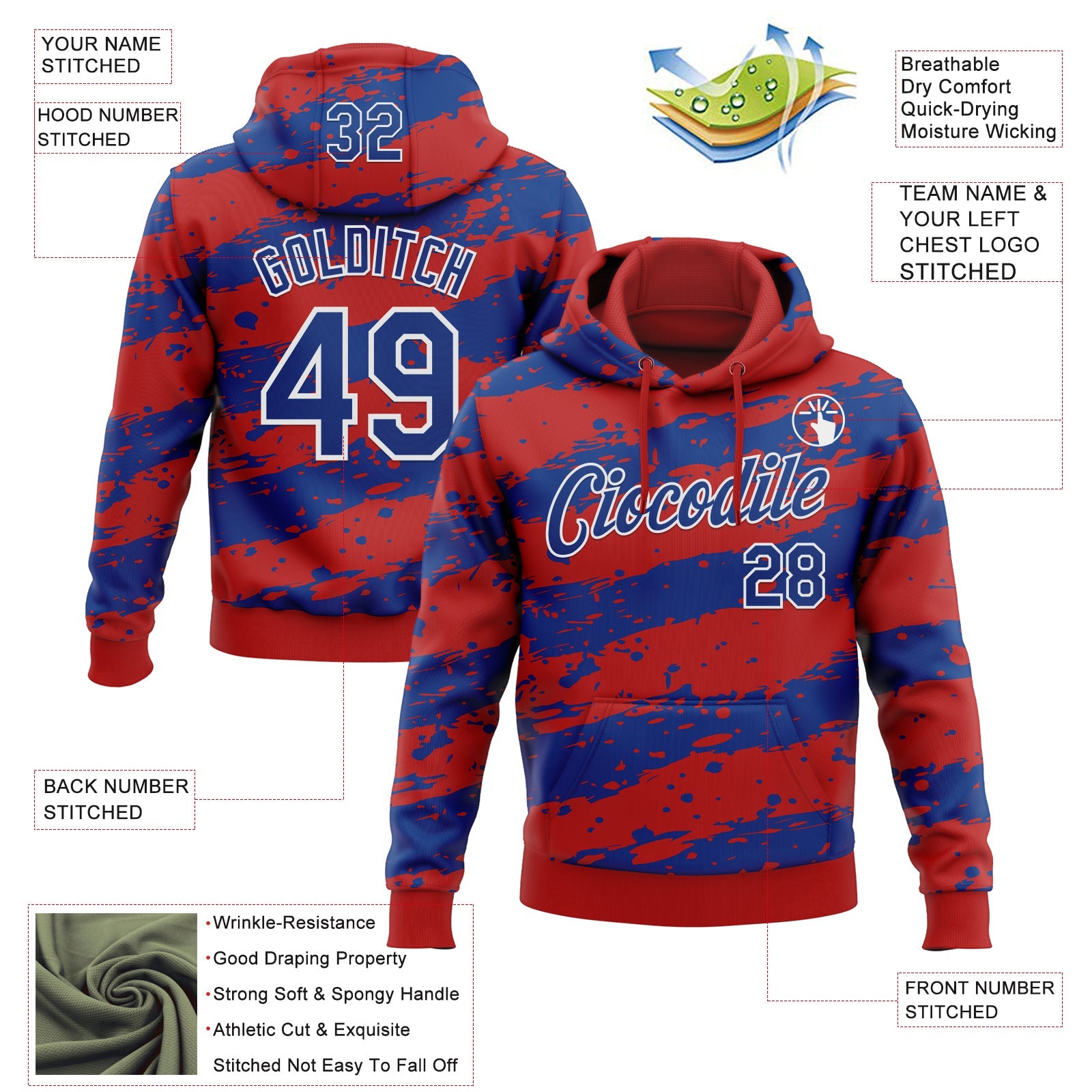 Custom Stitched Red Royal-White Splash Torn Paper Style Sports Pullover Sweatshirt Hoodie