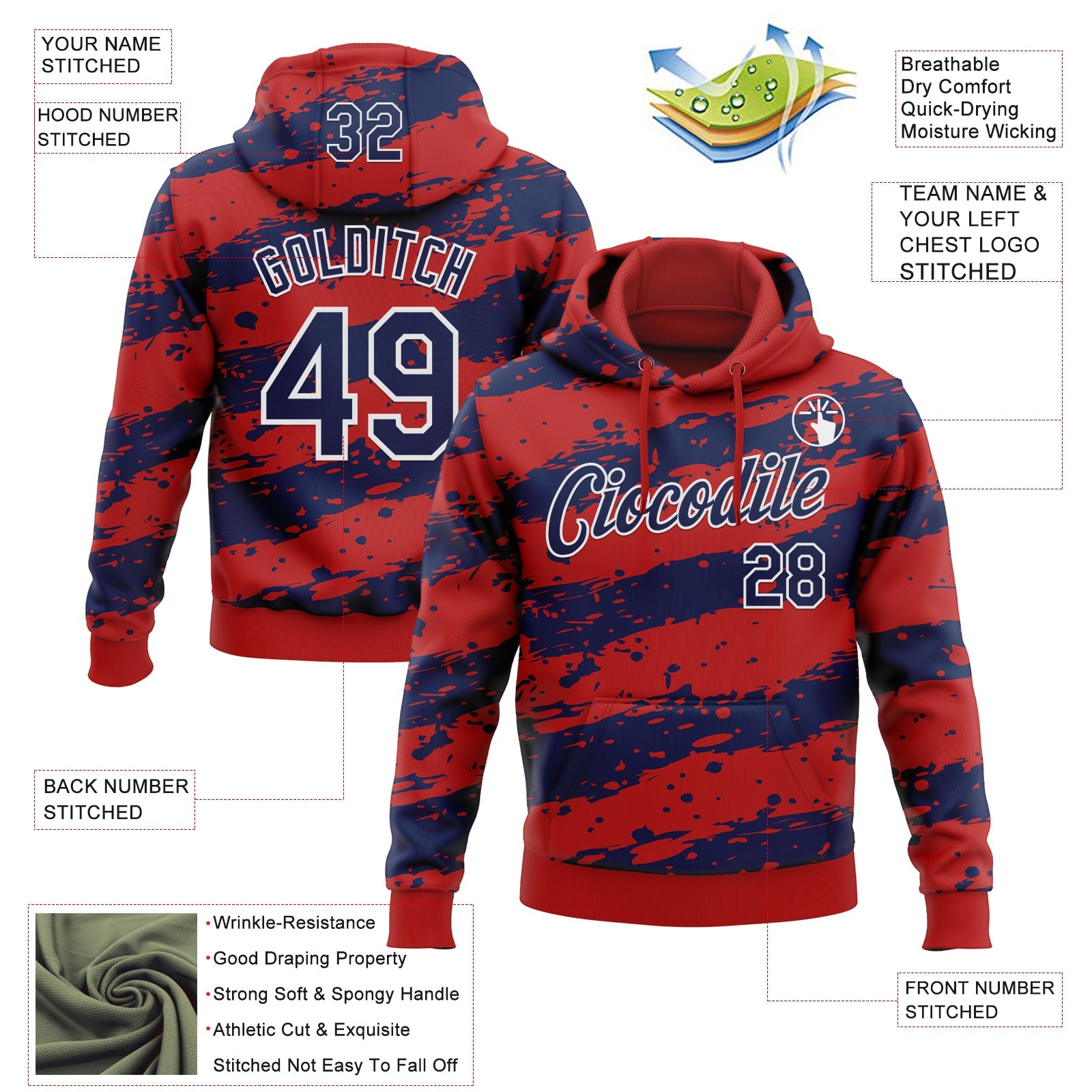 Custom Stitched Red Navy-White Splash Torn Paper Style Sports Pullover Sweatshirt Hoodie