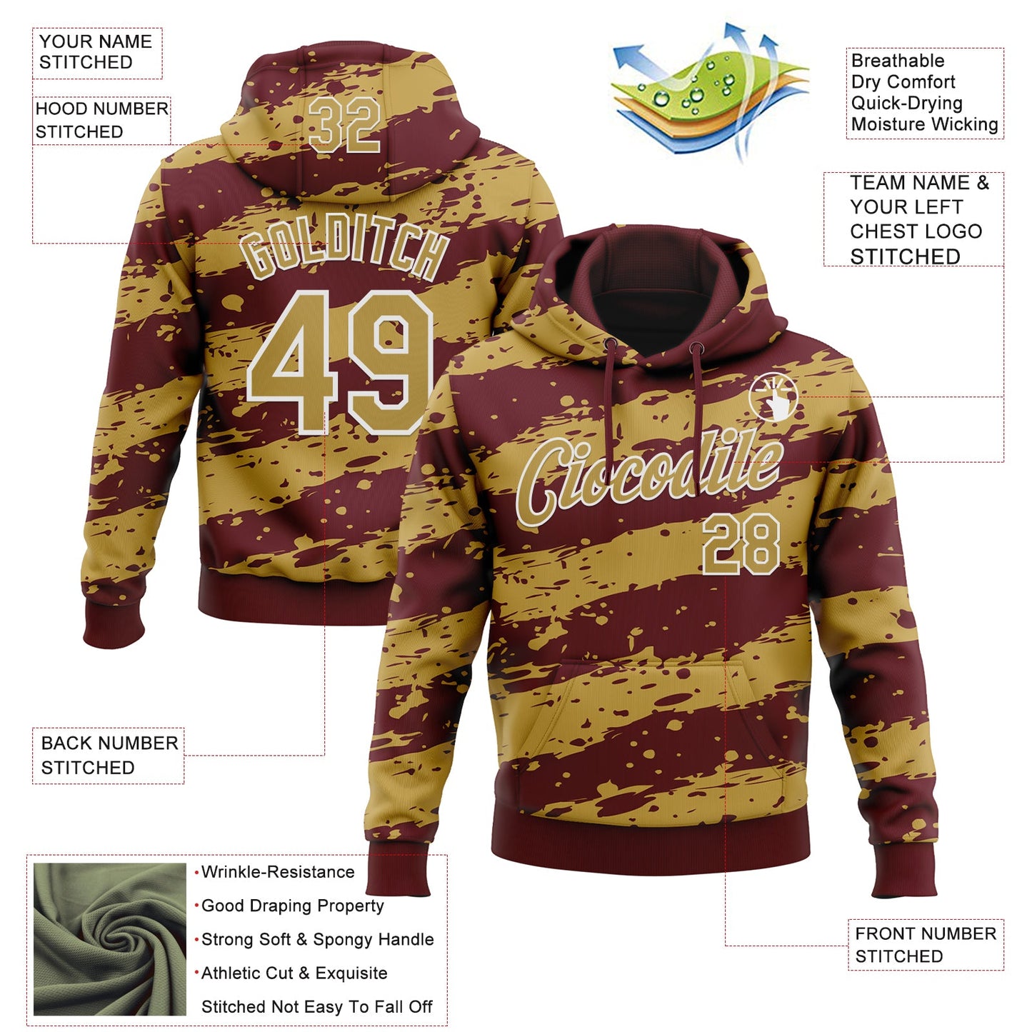 Custom Stitched Burgundy Old Gold-White Splash Torn Paper Style Sports Pullover Sweatshirt Hoodie