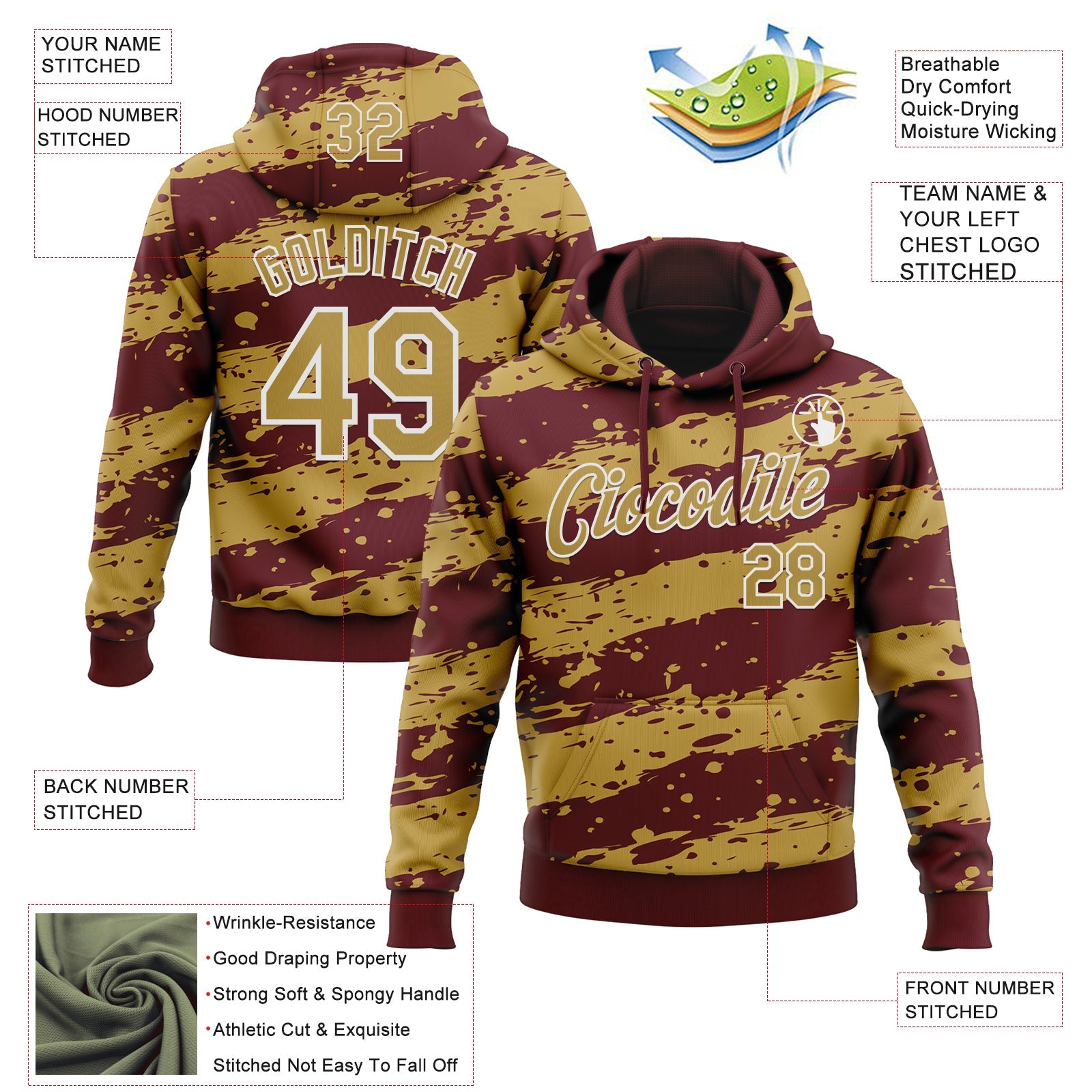 Custom Stitched Burgundy Old Gold-White Splash Torn Paper Style Sports Pullover Sweatshirt Hoodie