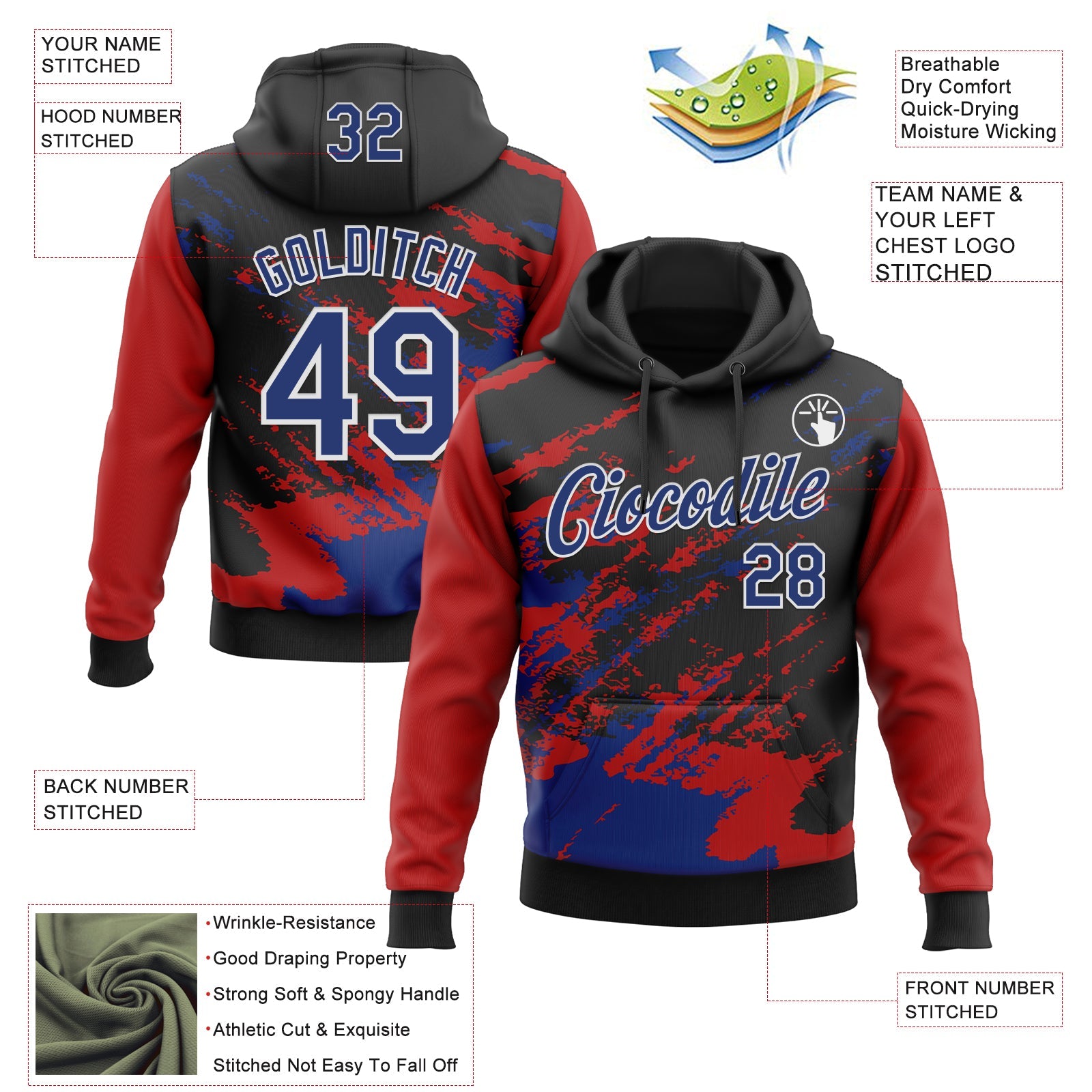 Custom Stitched Black Royal Red-White 3D Pattern Design Abstract Fragment Art Splash Sports Pullover Sweatshirt Hoodie