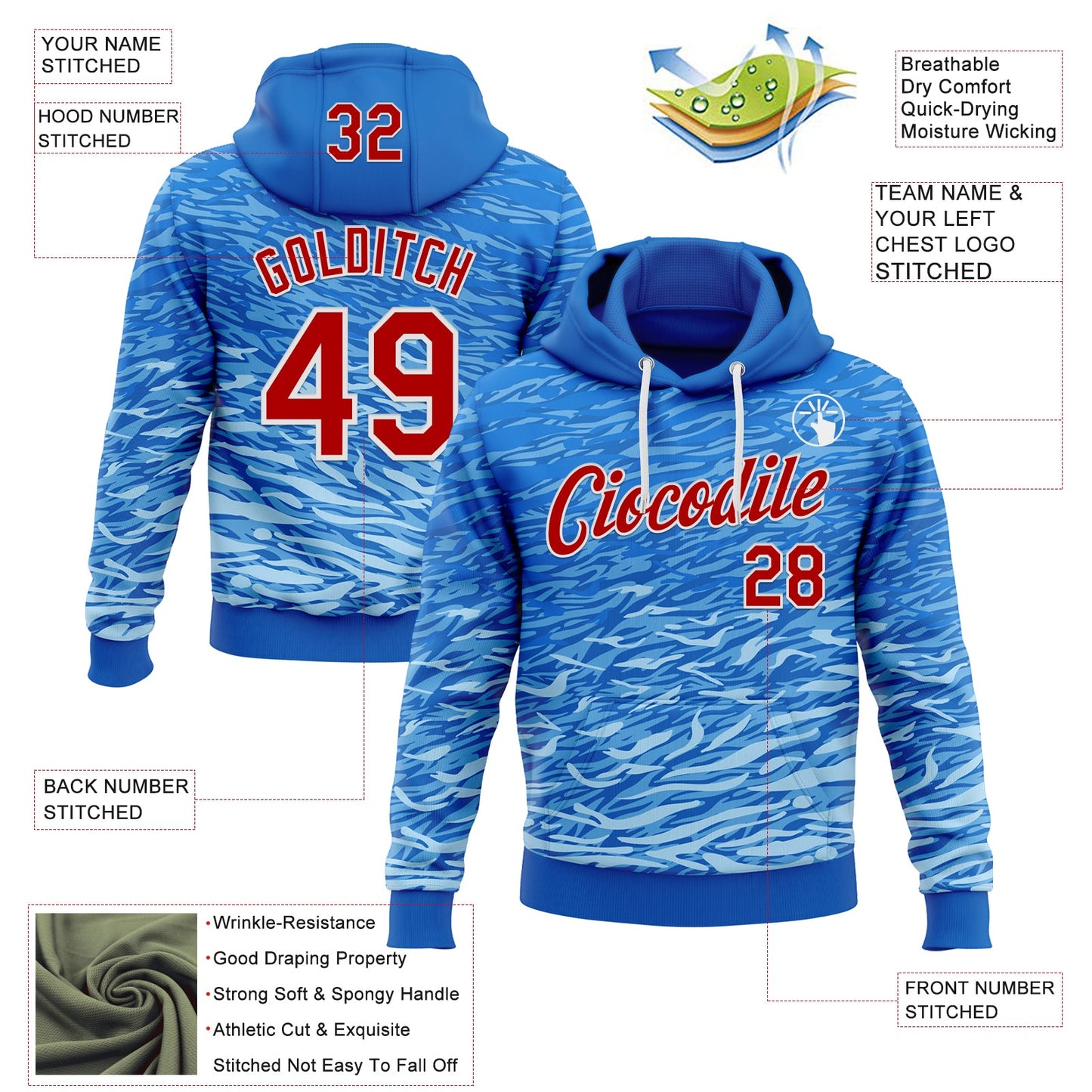Custom Stitched Royal Red-White 3D Pattern Design Wave Sports Pullover Sweatshirt Hoodie