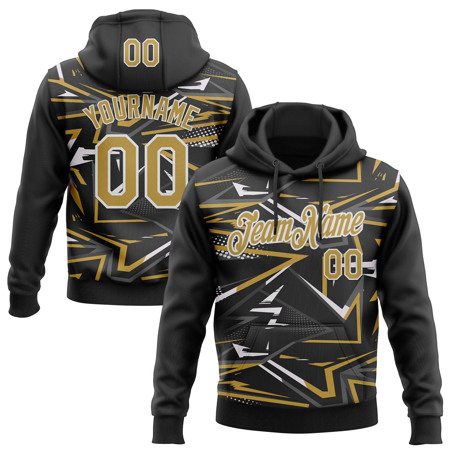 Custom Stitched Black Old Gold-White 3D Pattern Design Line Sports Pullover Sweatshirt Hoodie