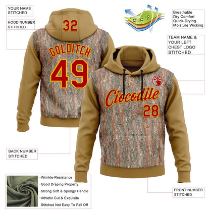 Custom Stitched Old Gold Red-Yellow 3D Pattern Design Tree Camo Hunting Sports Pullover Sweatshirt Hoodie