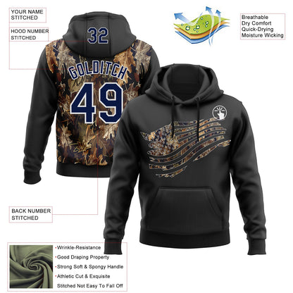 Custom Stitched Black Navy-White 3D Pattern Design Tree Camo American Flag Hunting Sports Pullover Sweatshirt Hoodie