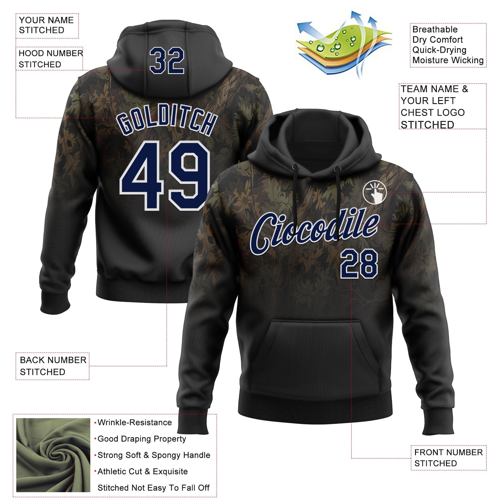 Custom Stitched Black Navy-White 3D Pattern Design Tree Camo Hunting Sports Pullover Sweatshirt Hoodie