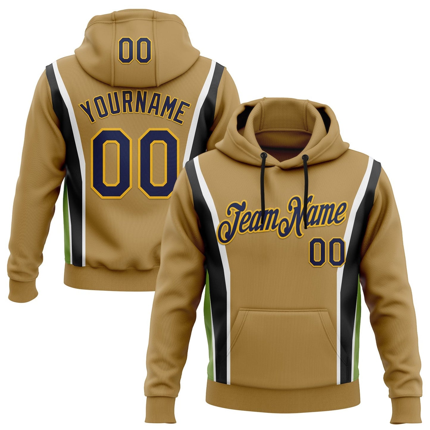 Custom Stitched Old Gold Navy Black Green Gold-White 3D Pattern Design Sportswear Pullover Sweatshirt Hoodie