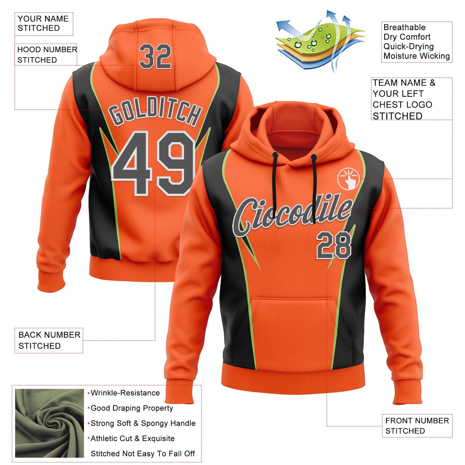 Custom Stitched Orange Steel Gray Black Green-White 3D Pattern Design Sportswear Pullover Sweatshirt Hoodie