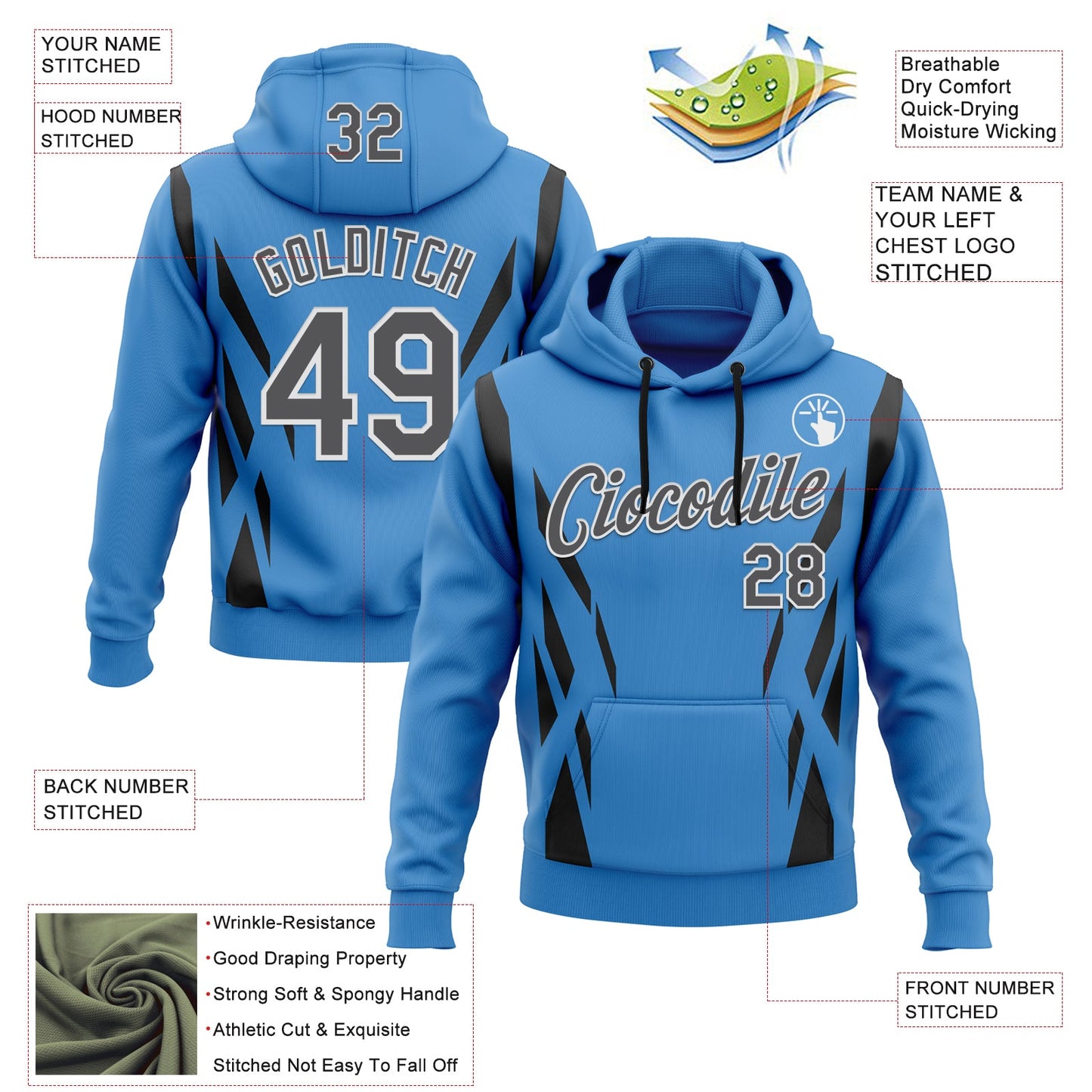 Custom Stitched Powder Blue Steel Gray Black-White 3D Pattern Design Sportswear Pullover Sweatshirt Hoodie