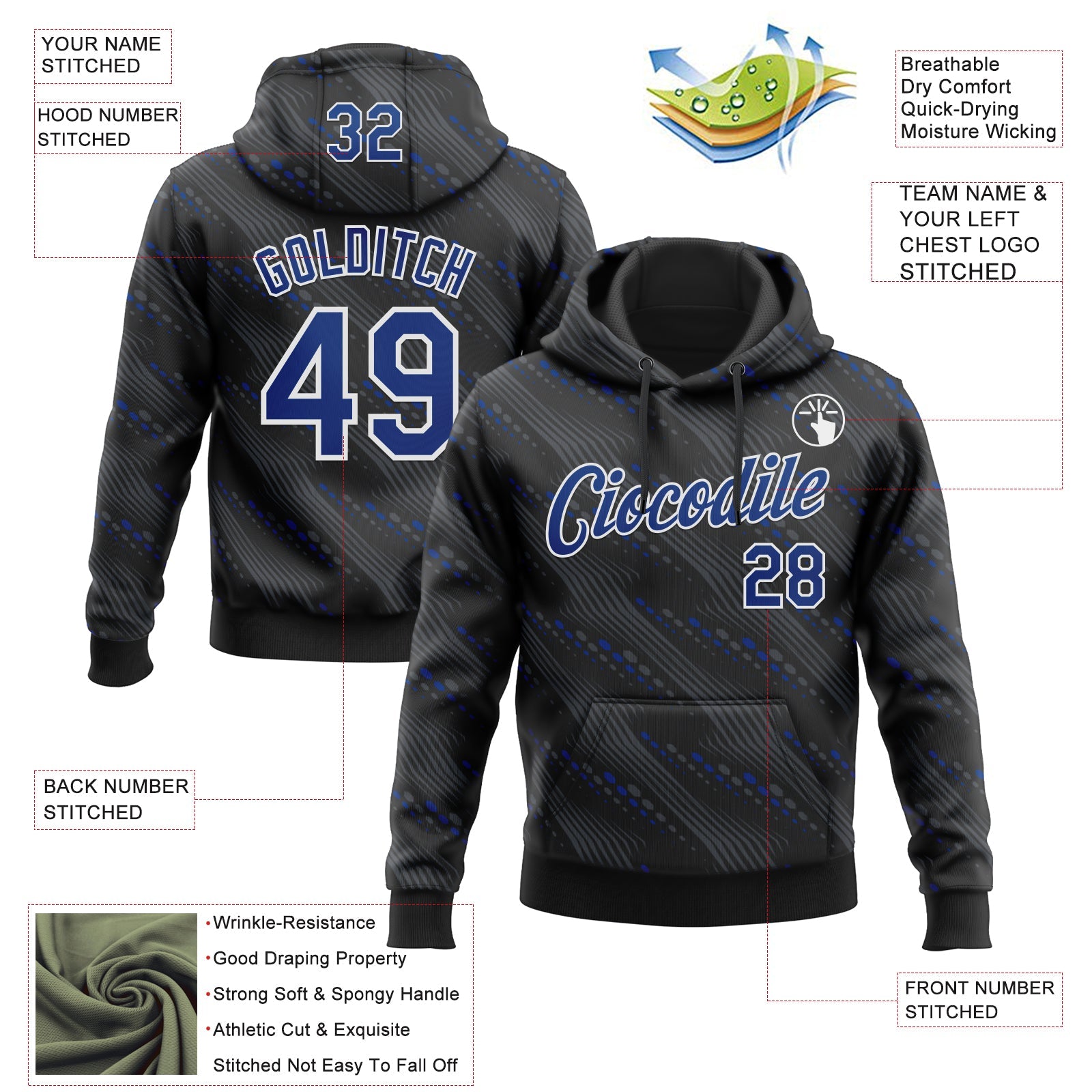 Custom Stitched Black Royal-White Slant Lines Sports Pullover Sweatshirt Hoodie