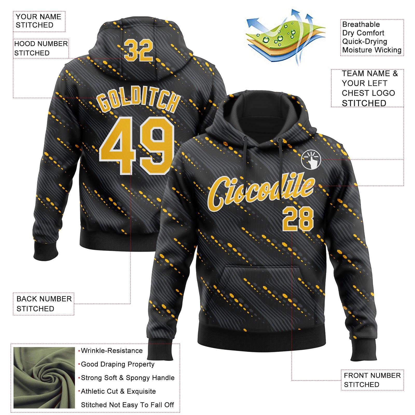 Custom Stitched Black Gold-White Slant Lines Sports Pullover Sweatshirt Hoodie