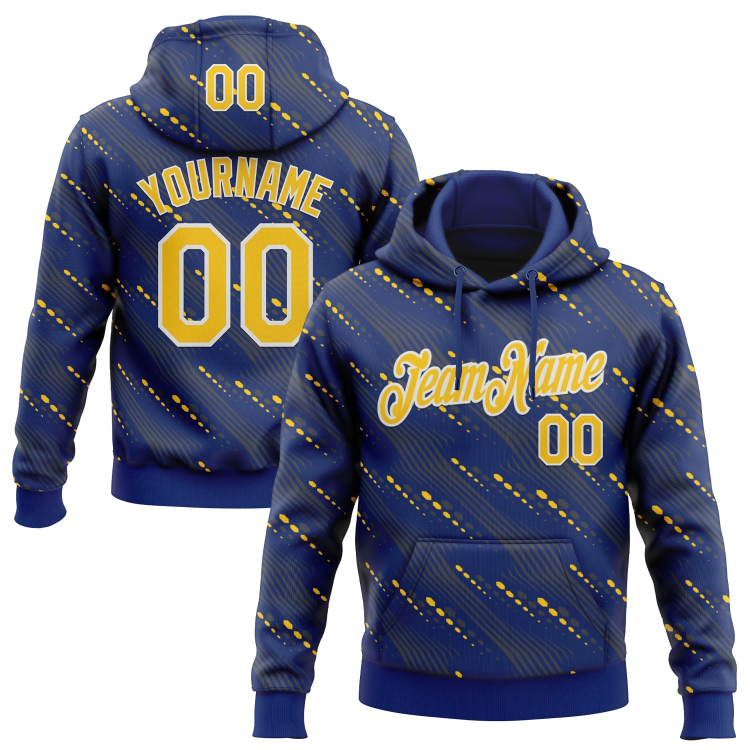 Custom Stitched Royal Yellow-White Slant Lines Sports Pullover Sweatshirt Hoodie
