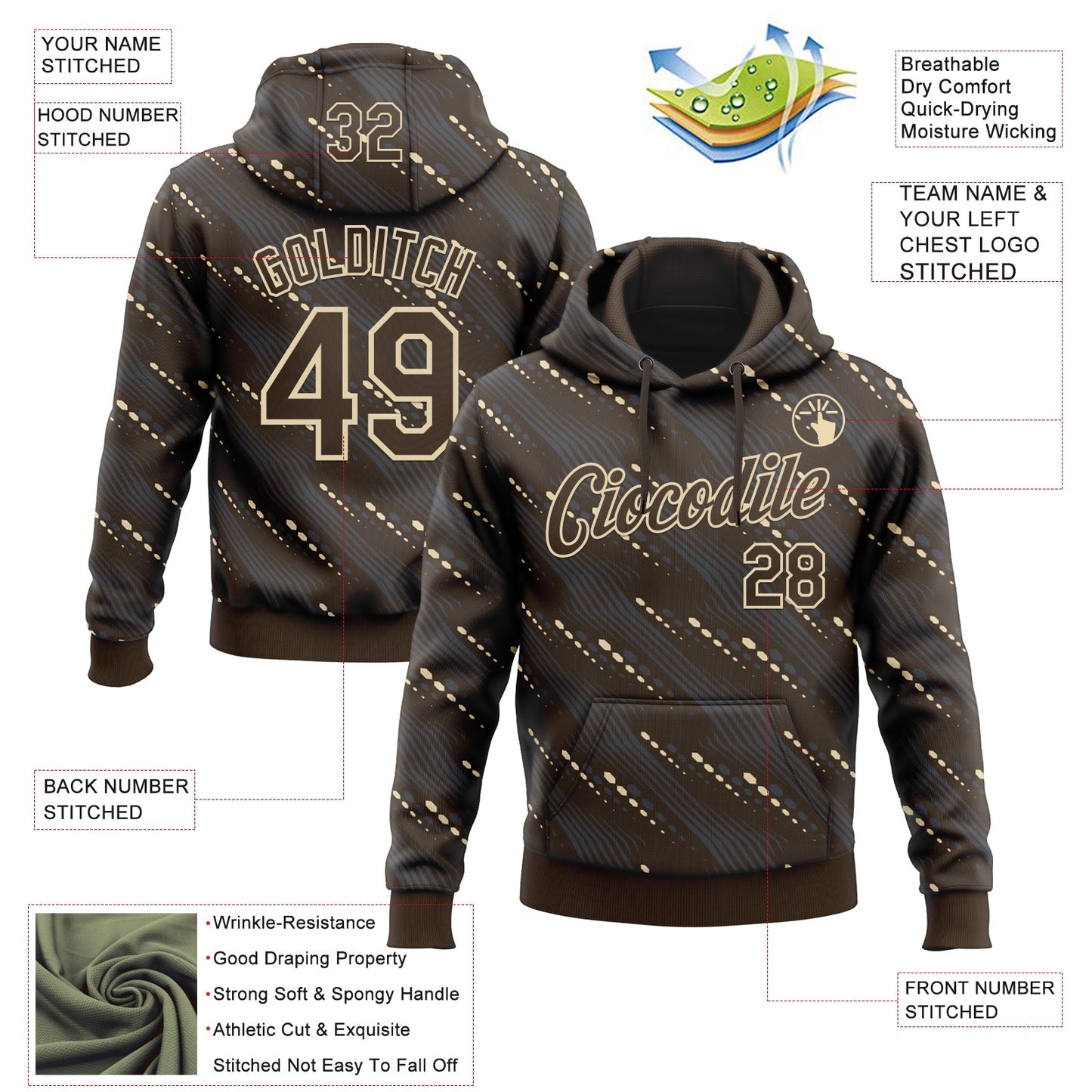Custom Stitched Brown Cream Slant Lines Sports Pullover Sweatshirt Hoodie