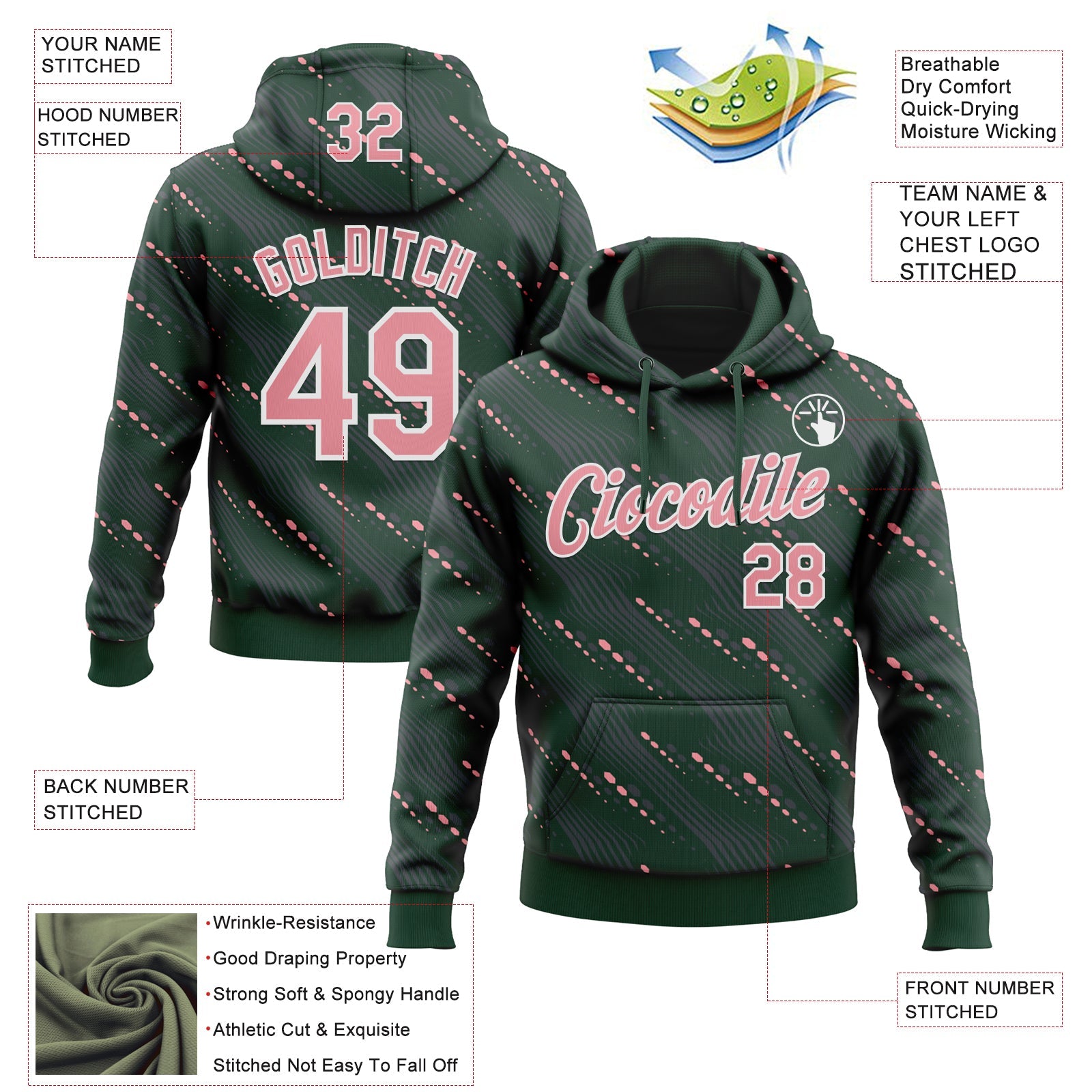 Custom Stitched Green Medium Pink-White Slant Lines Sports Pullover Sweatshirt Hoodie