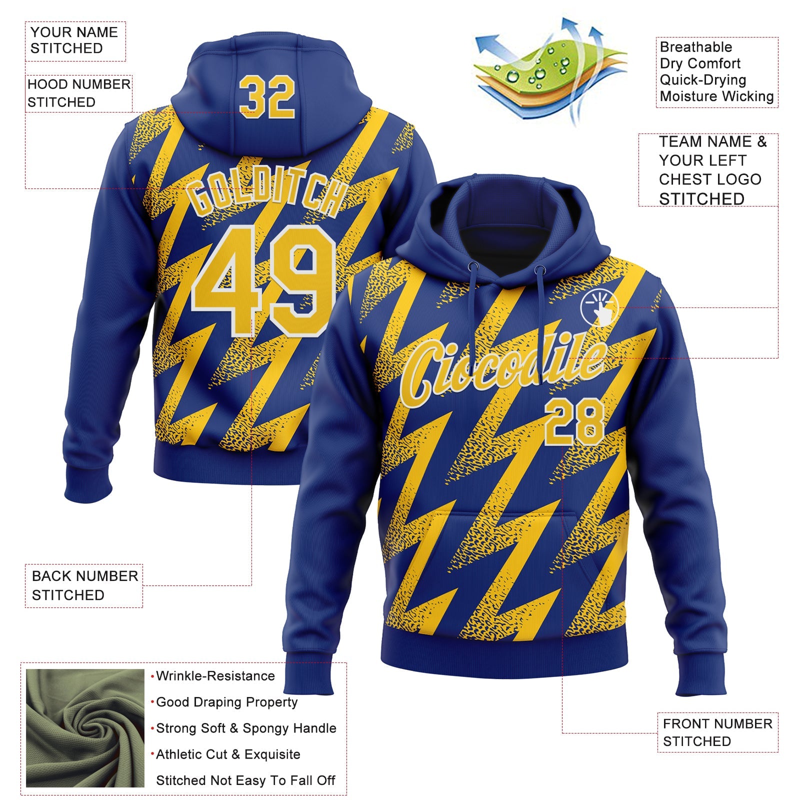 Custom Stitched Royal Yellow-White Zigzag Shape Sports Pullover Sweatshirt Hoodie