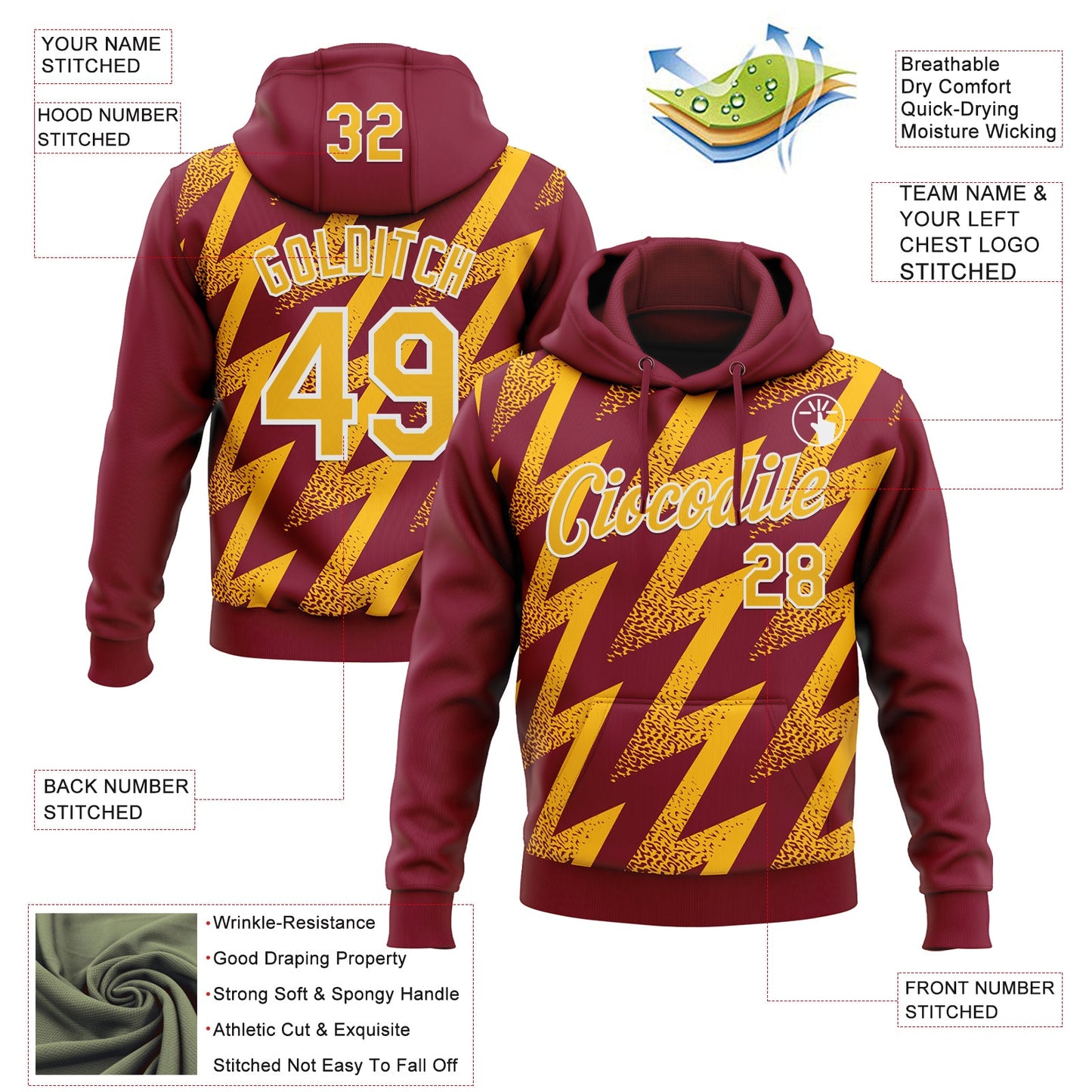 Custom Stitched Crimson Gold-White Zigzag Shape Sports Pullover Sweatshirt Hoodie