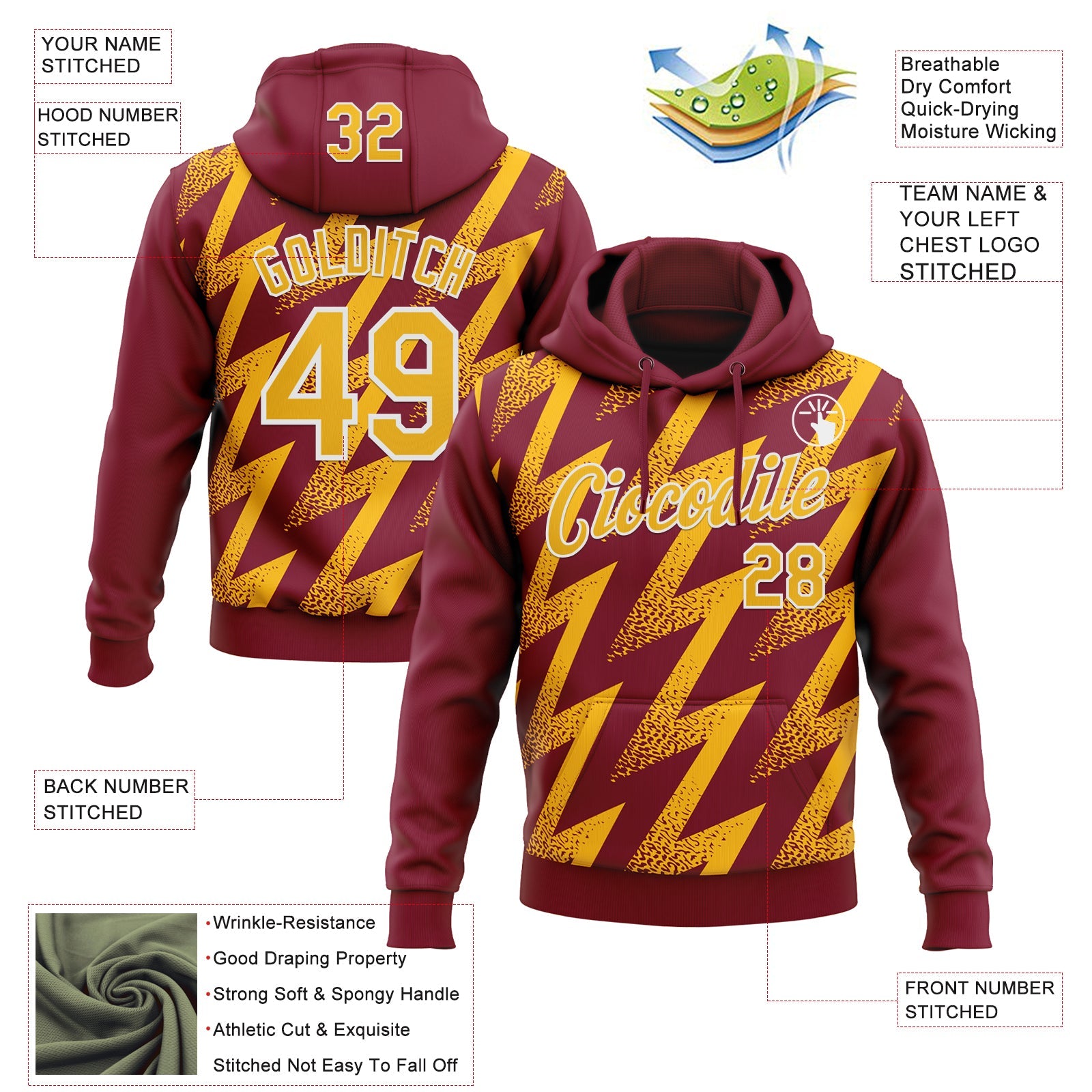 Custom Stitched Crimson Gold-White Zigzag Shape Sports Pullover Sweatshirt Hoodie