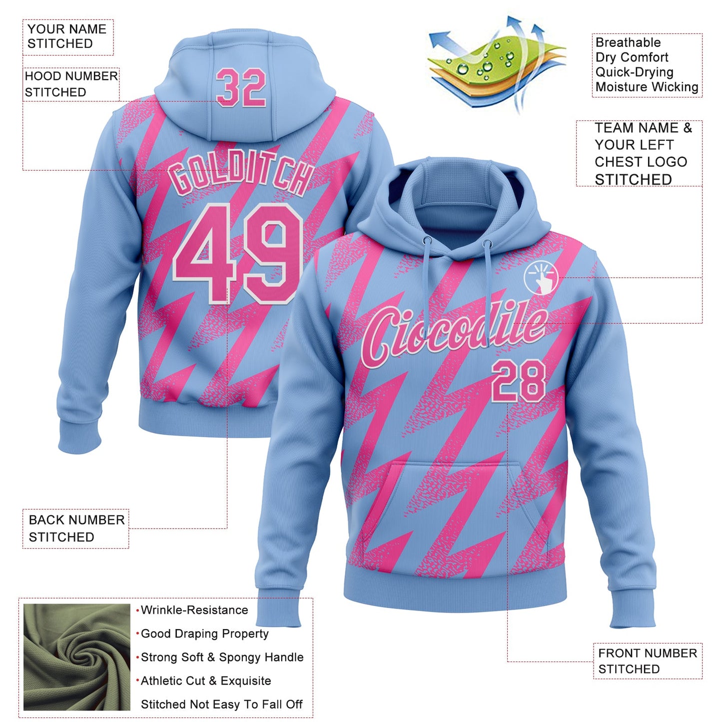 Custom Stitched Light Blue Pink-White Zigzag Shape Sports Pullover Sweatshirt Hoodie