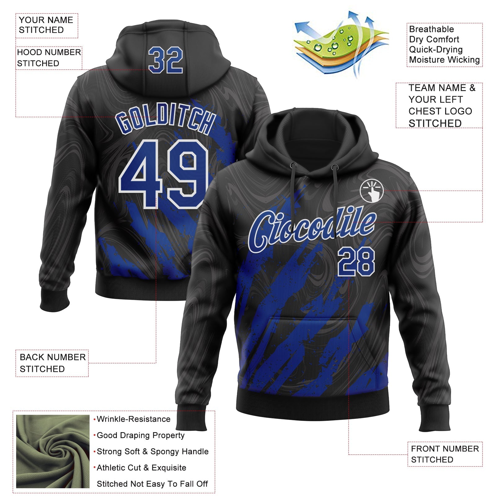 Custom Stitched Black Royal-White Splash Sports Pullover Sweatshirt Hoodie