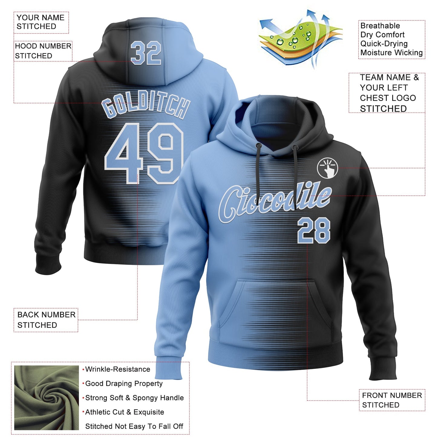 Custom Stitched Black Light Blue-White Gradient Line Sports Pullover Sweatshirt Hoodie