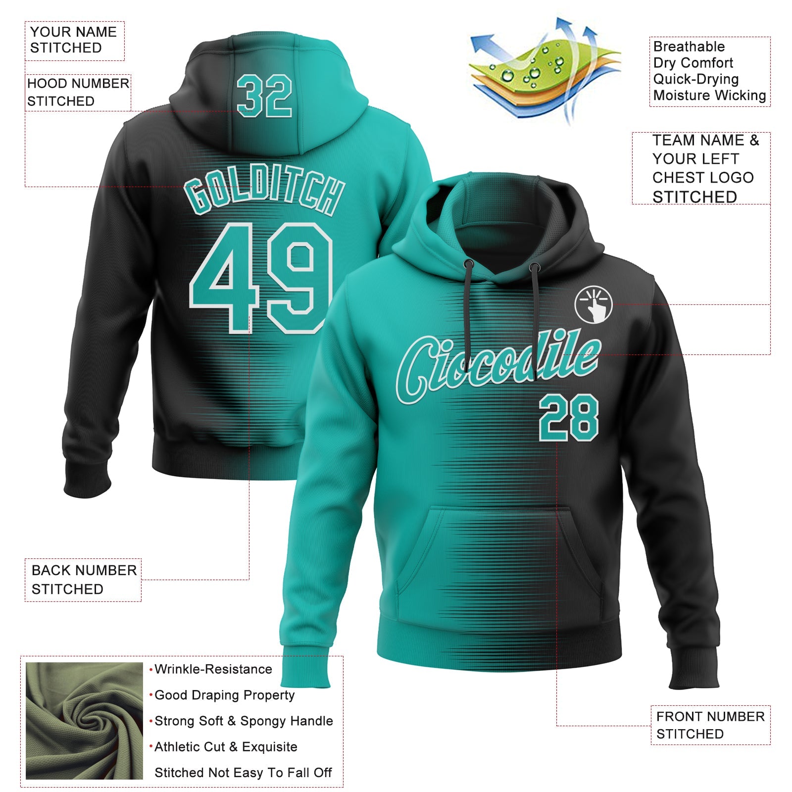Custom Stitched Black Aqua-White Gradient Line Sports Pullover Sweatshirt Hoodie