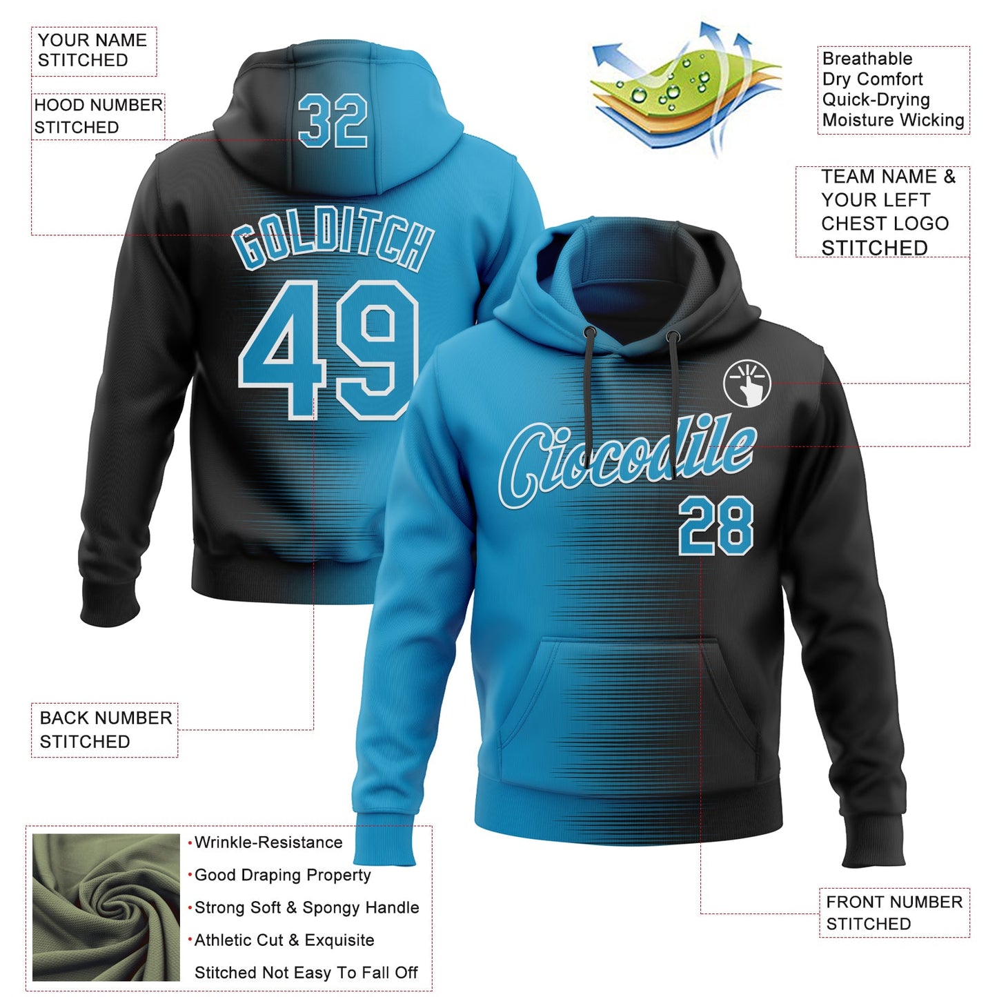 Custom Stitched Black Panther Blue-White Gradient Line Sports Pullover Sweatshirt Hoodie