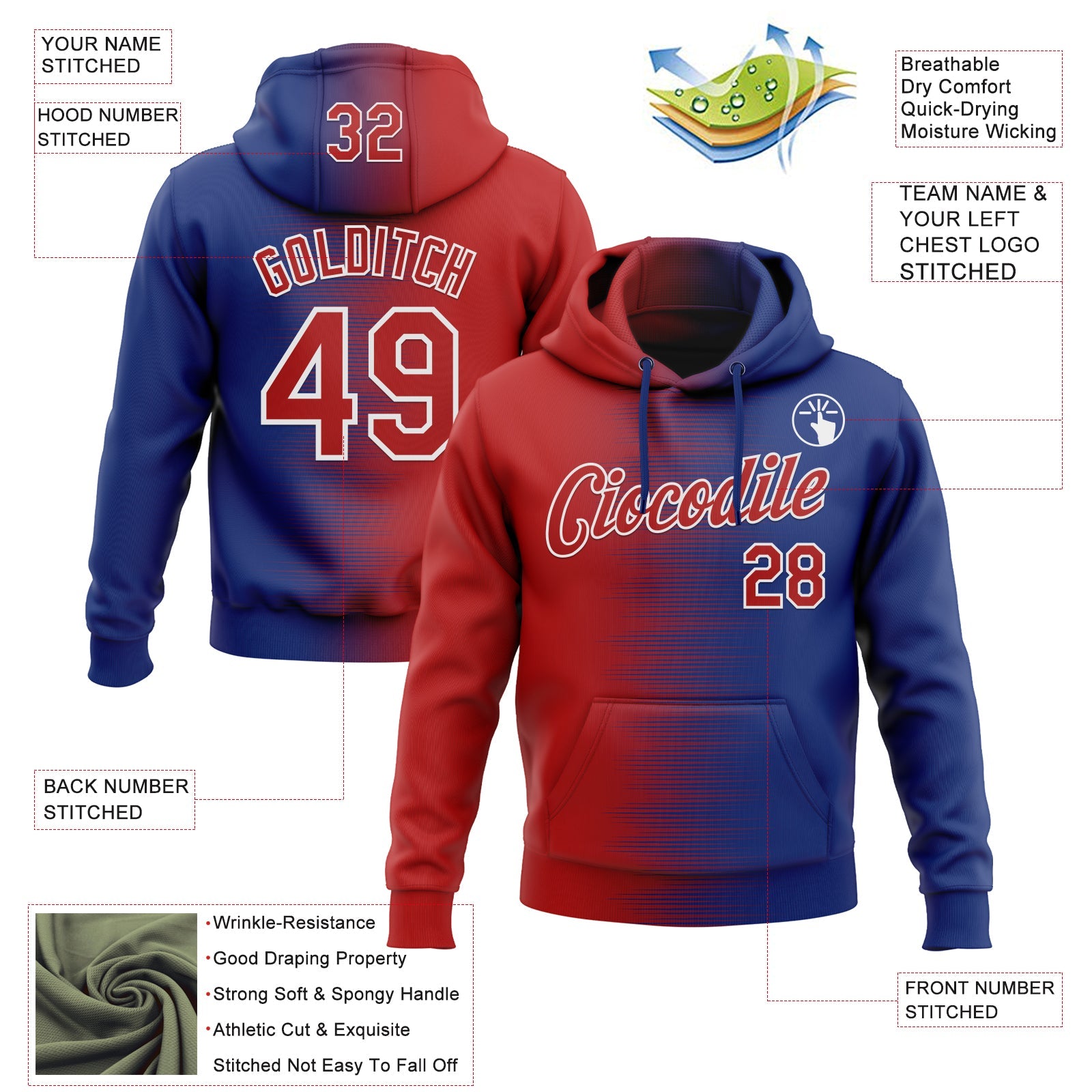 Custom Stitched Royal Red-White Gradient Line Sports Pullover Sweatshirt Hoodie