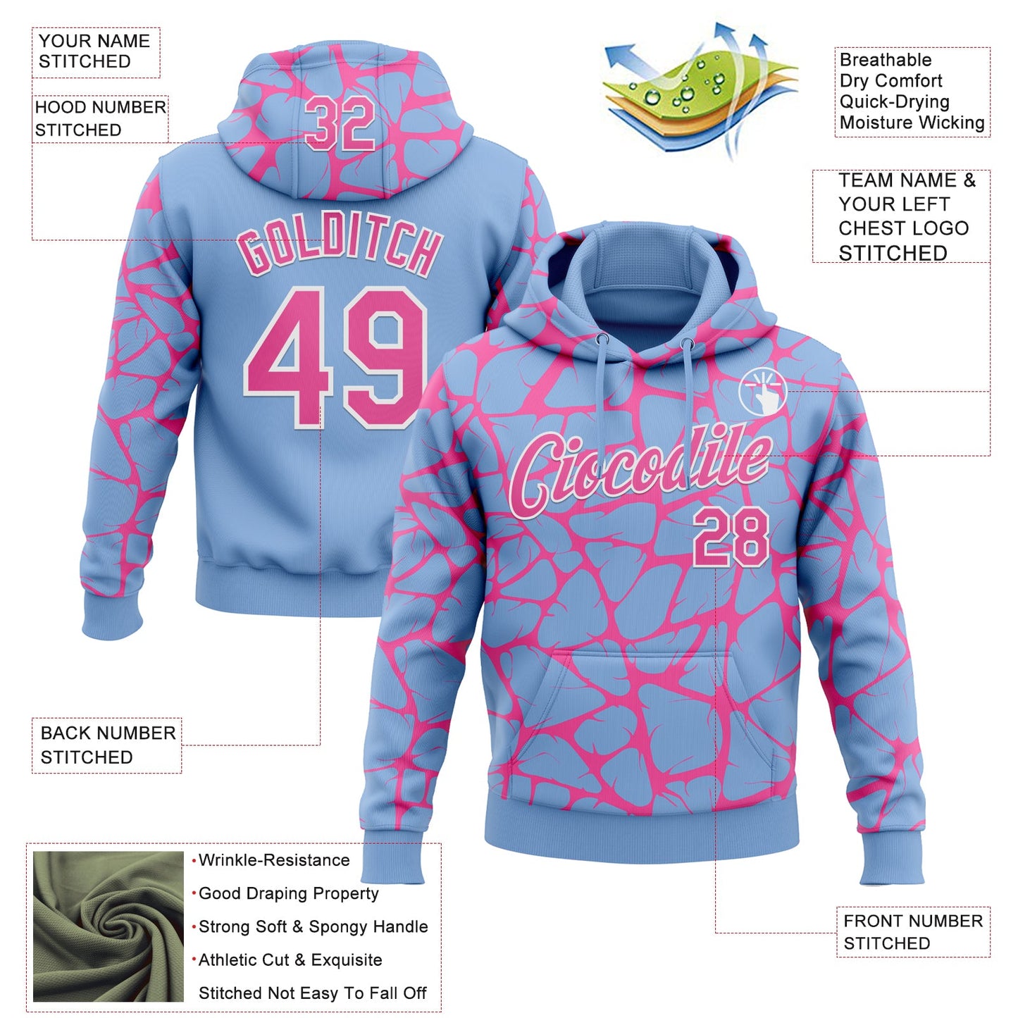Custom Stitched Light Blue Pink-White Abstract Network Pattern Sports Pullover Sweatshirt Hoodie