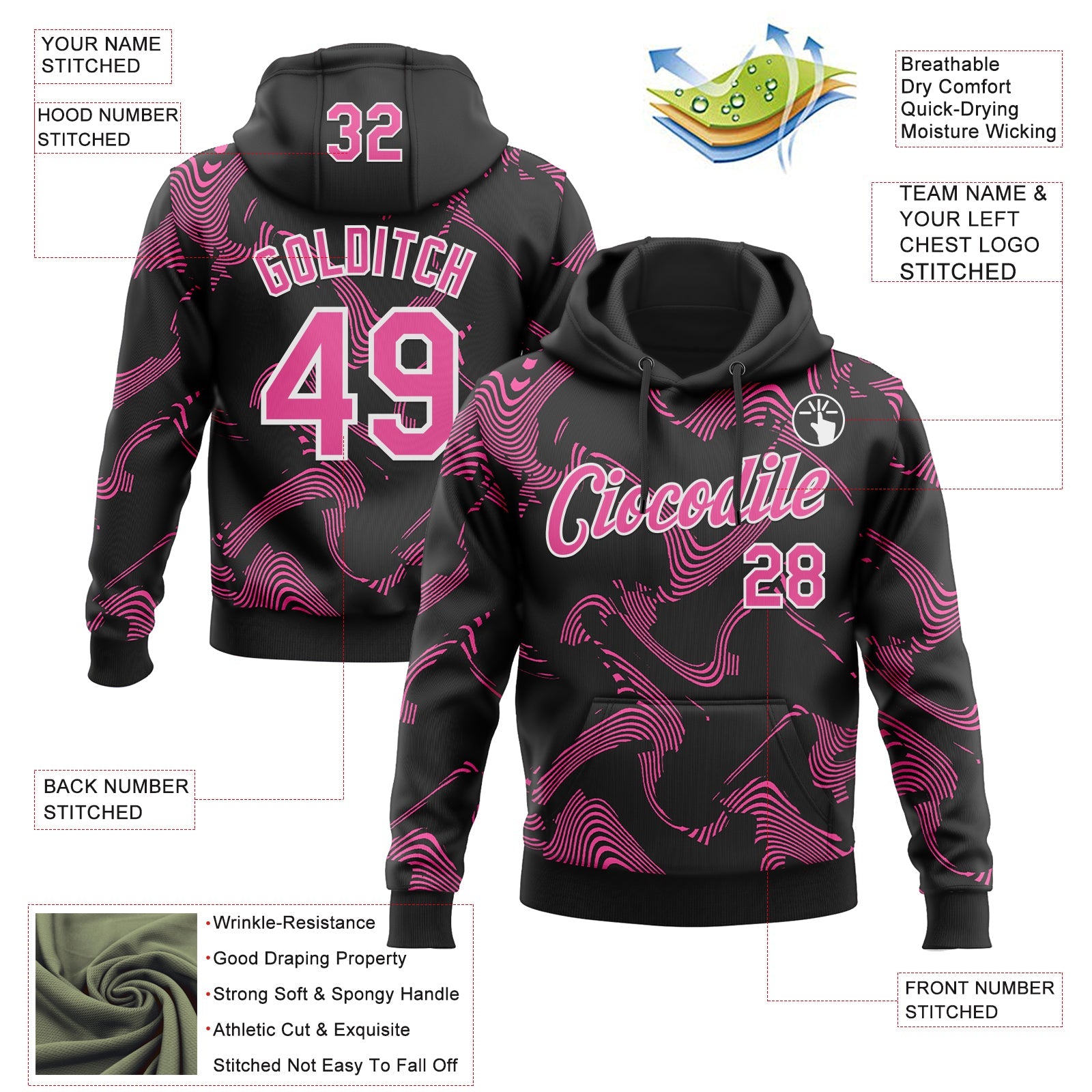 Custom Stitched Black Pink-White Curve Lines Sports Pullover Sweatshirt Hoodie