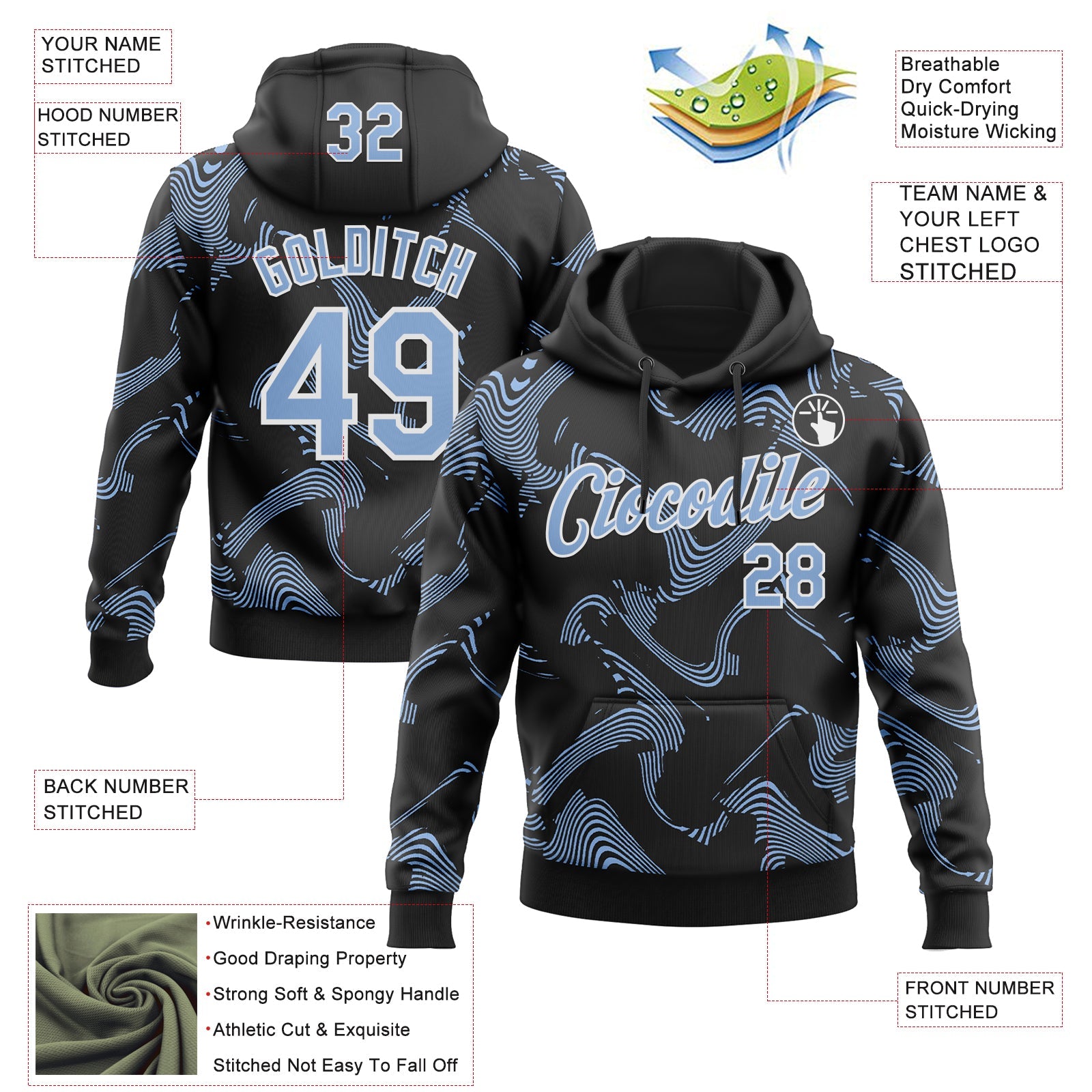 Custom Stitched Black Light Blue-White Curve Lines Sports Pullover Sweatshirt Hoodie
