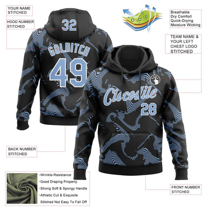 Custom Stitched Black Light Blue-White Curve Lines Sports Pullover Sweatshirt Hoodie