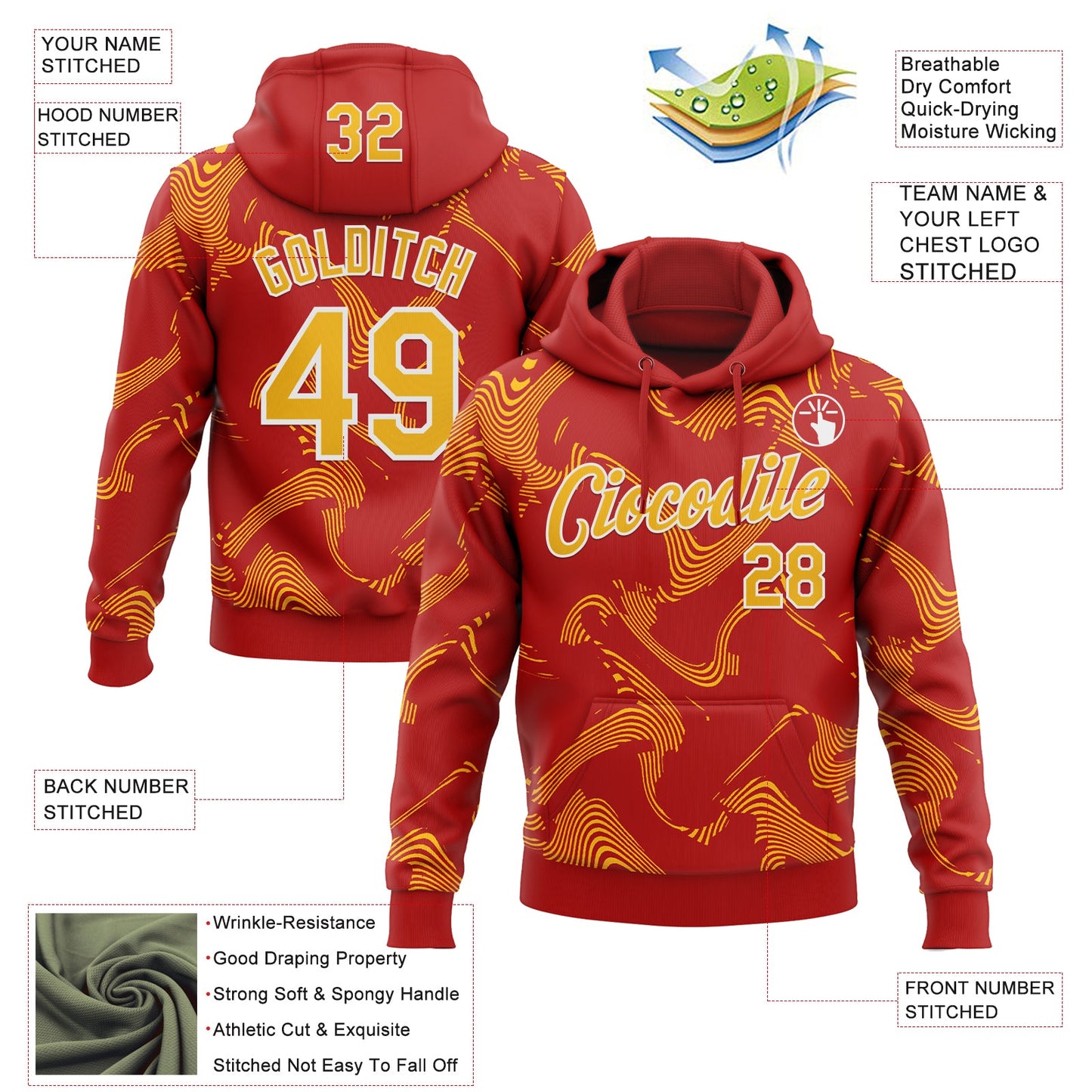 Custom Stitched Red Gold-White Curve Lines Sports Pullover Sweatshirt Hoodie