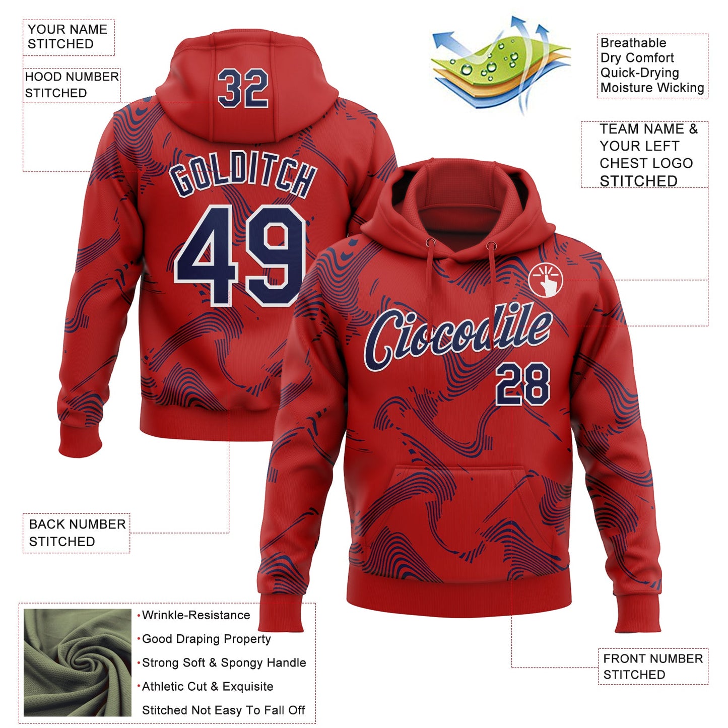 Custom Stitched Red Navy-White Curve Lines Sports Pullover Sweatshirt Hoodie