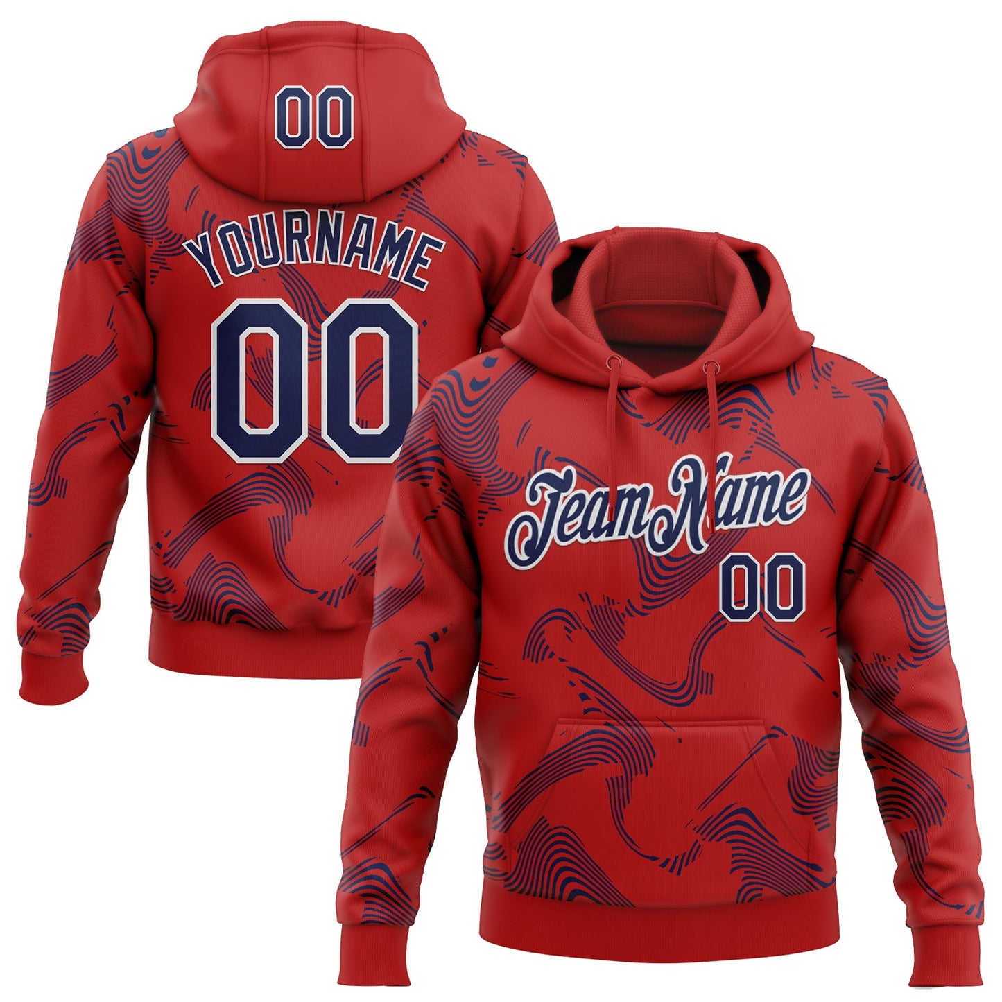 Custom Stitched Red Navy-White Curve Lines Sports Pullover Sweatshirt Hoodie