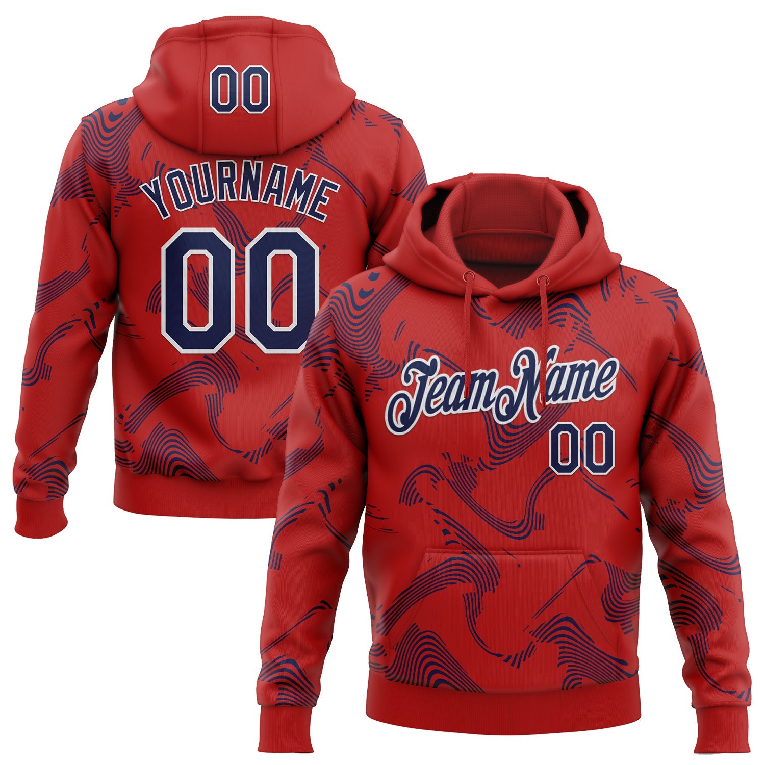 Custom Stitched Red Navy-White Curve Lines Sports Pullover Sweatshirt Hoodie