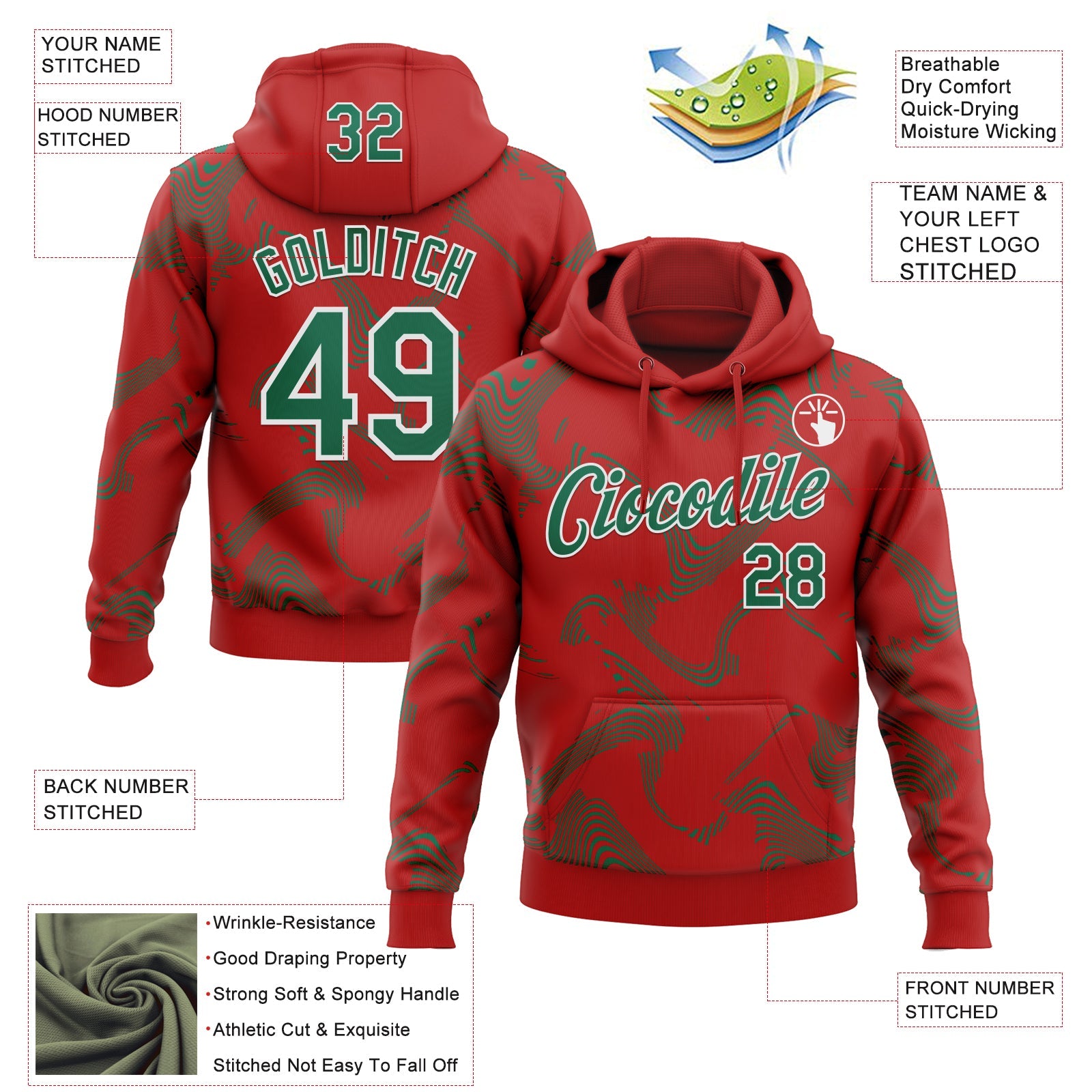 Custom Stitched Red Kelly Green-White Curve Lines Sports Pullover Sweatshirt Hoodie