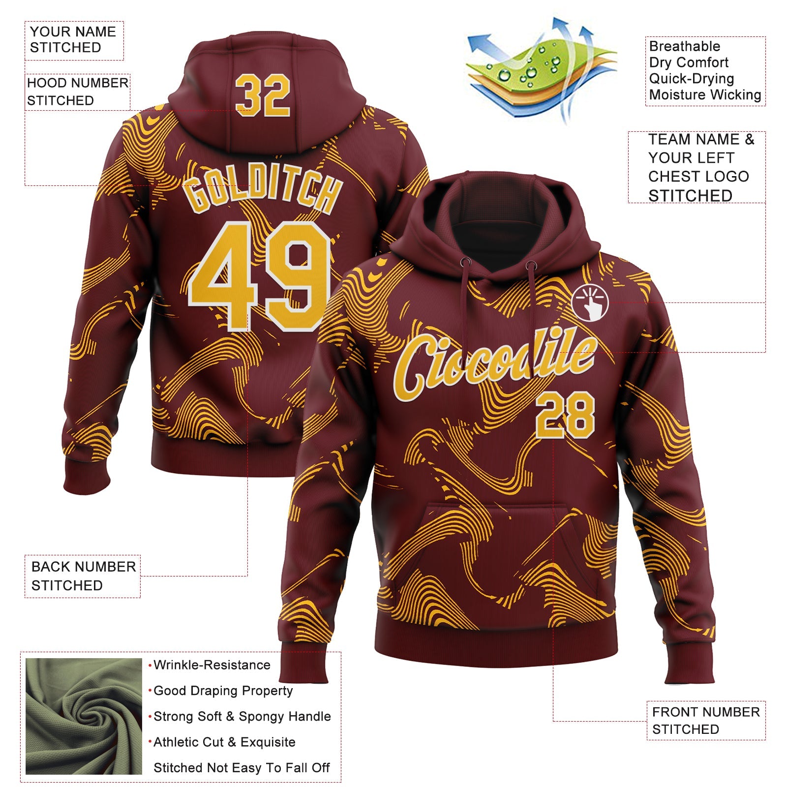 Custom Stitched Burgundy Gold-White Curve Lines Sports Pullover Sweatshirt Hoodie