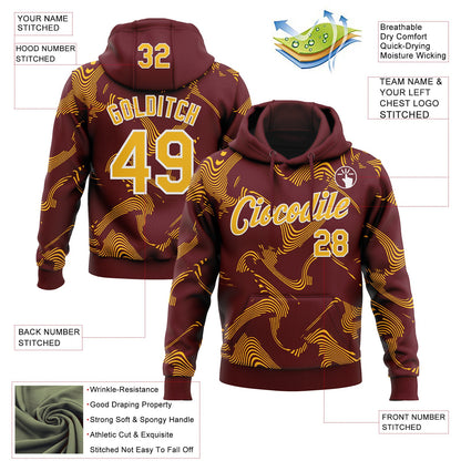 Custom Stitched Burgundy Gold-White Curve Lines Sports Pullover Sweatshirt Hoodie