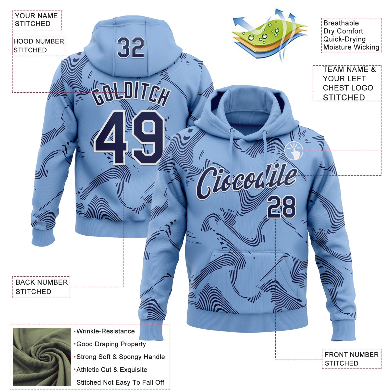 Custom Stitched Light Blue Navy-White Curve Lines Sports Pullover Sweatshirt Hoodie