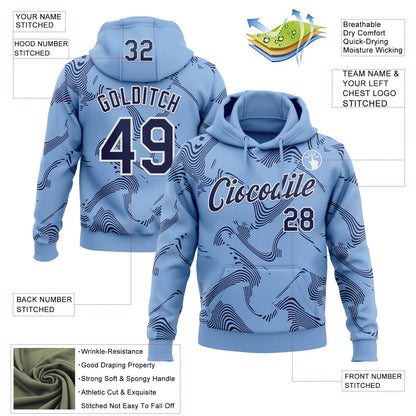 Custom Stitched Light Blue Navy-White Curve Lines Sports Pullover Sweatshirt Hoodie