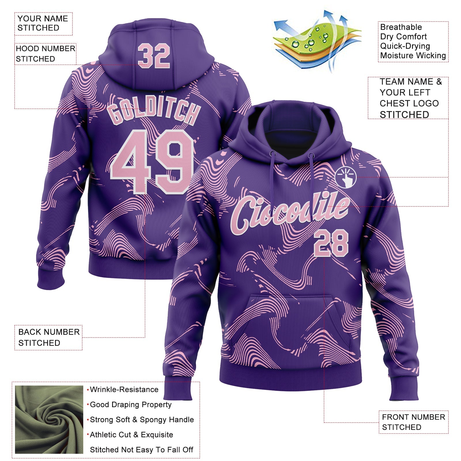 Custom Stitched Purple Light Pink-White Curve Lines Sports Pullover Sweatshirt Hoodie